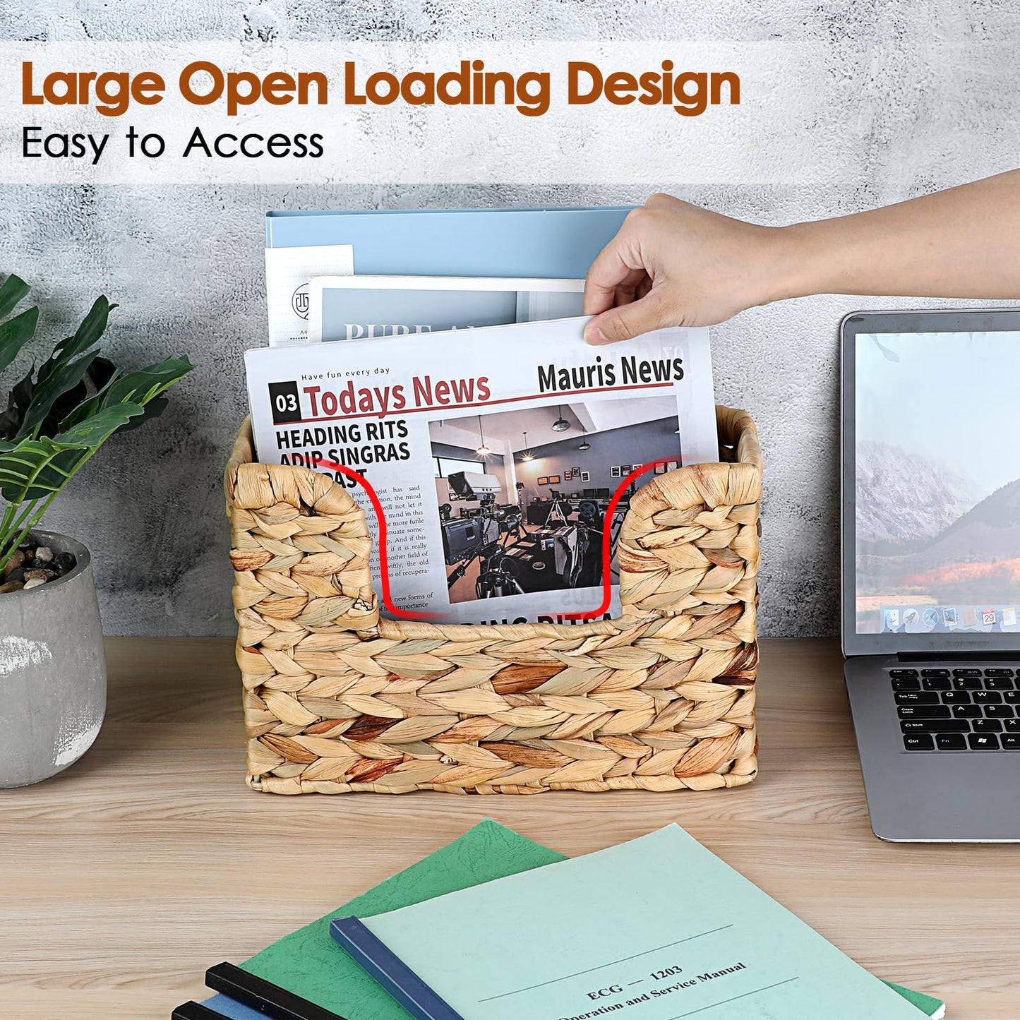 BTSKY Mail Organizer Wall Mounted File Holder Natural Water Hyacinth Magazine Basket Wall Hanging Magazine Holder Mail Storage Basket Bin for Home Office, 11.8 x 4.3 x 7.9 Inch