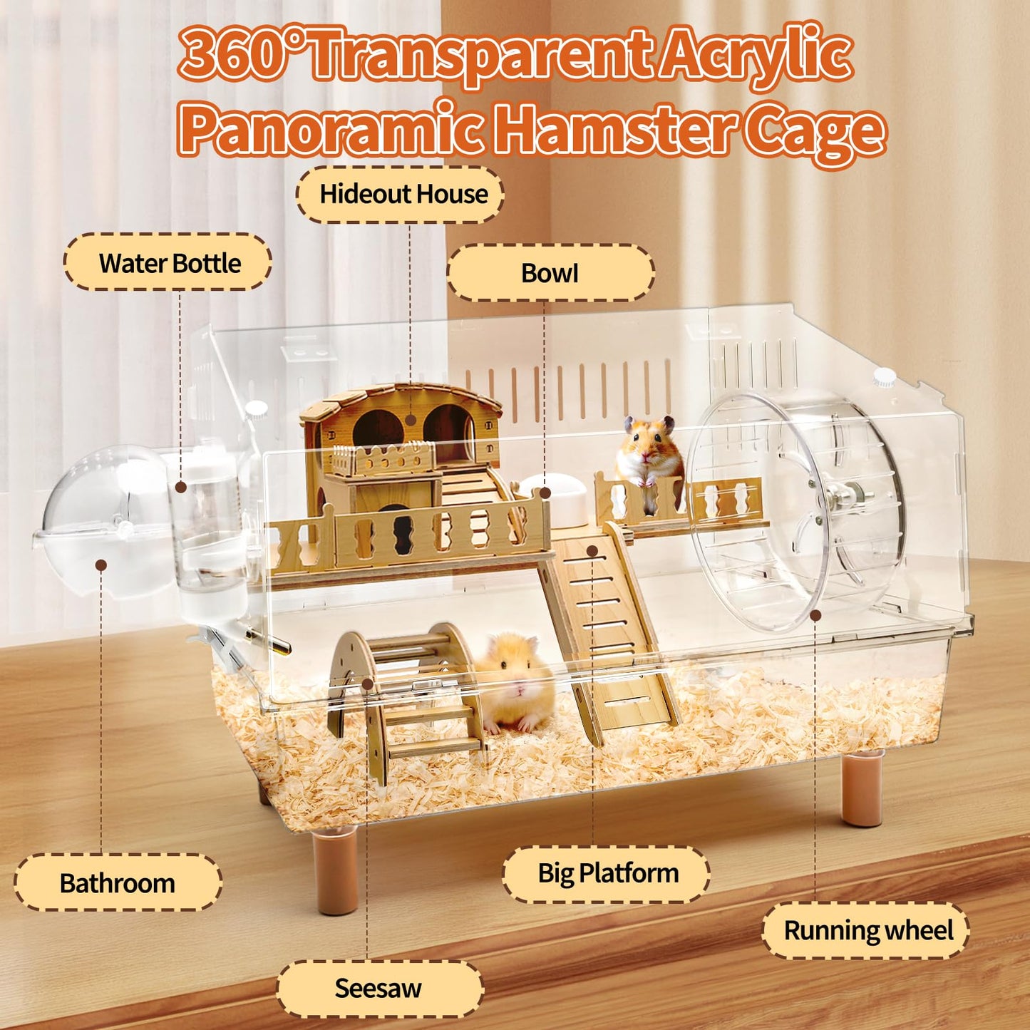 Kalolary Large Acrylic Hamster Cage, 2-Layer Gerbil Cages with Full Transparent Viewing Top Open Hamster House with All Accessories Hamster Enclosure for Dwarf Hamster, Gerbils, Pet Mice