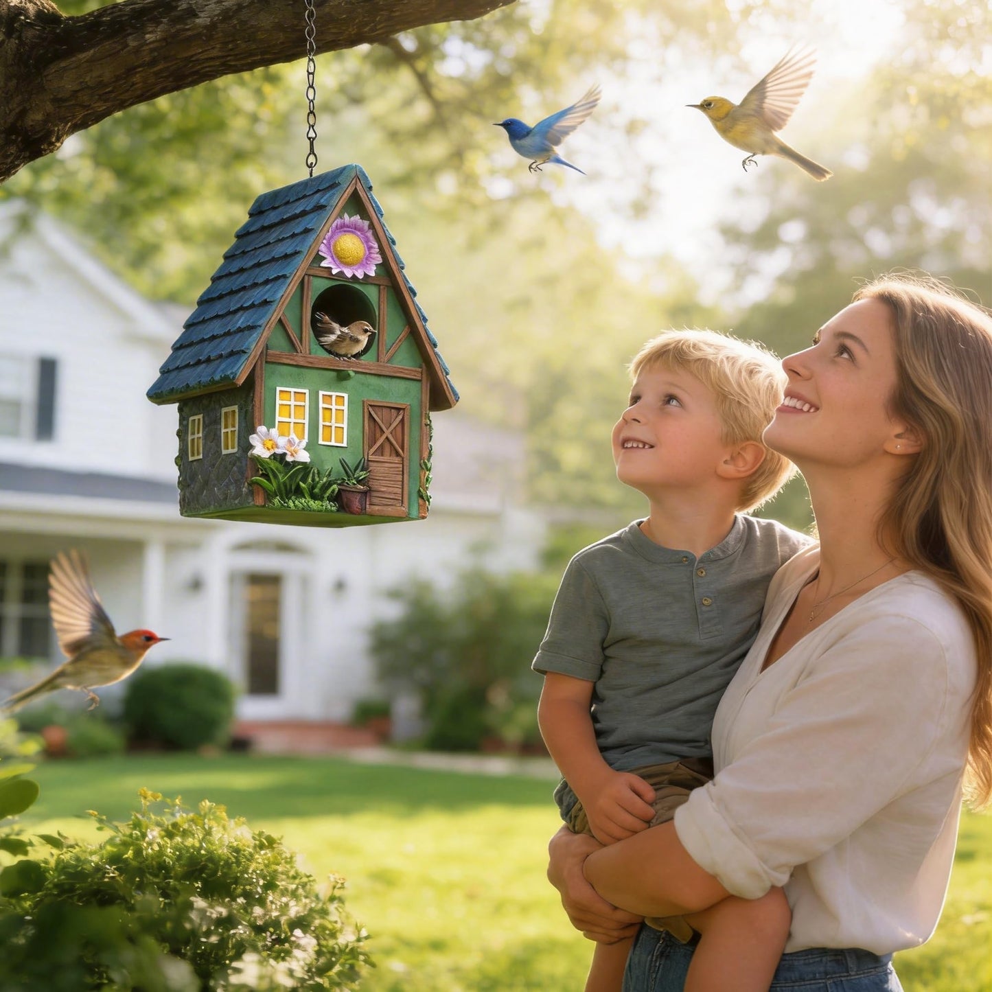 Attivolife Bird House for Outdoor Garden, Unique Gift for Women Mom Grandma Birdman Lovers, Resin Hanging Birdhouses for Outside, Weatherproof Art for Yard Patio Decoration Bluebird Finch Cardinals