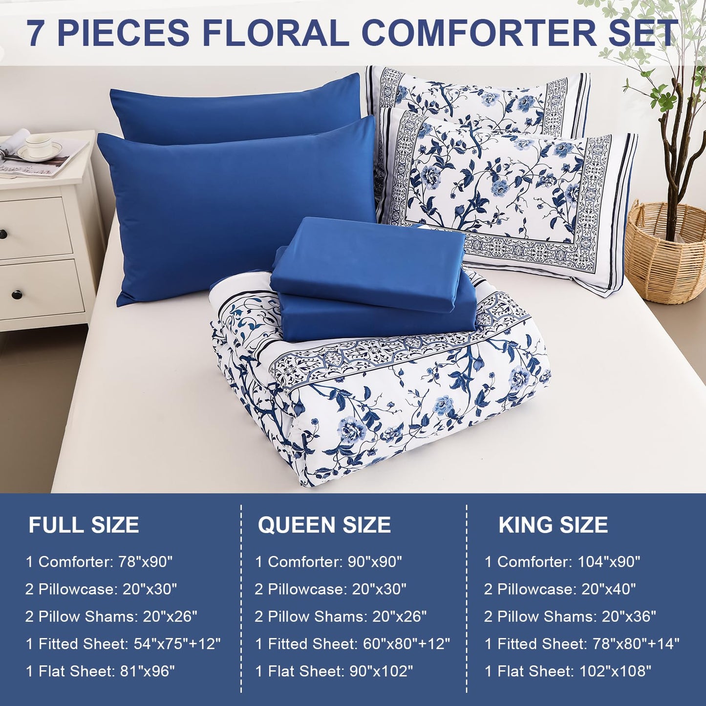 Floral Queen Comforter Set, 7 Piece Bed in a Bag Queen Size Blue Flowers on White Botanical Bedding Set, Soft Microfiber Bedding Comforter Sets with Sheets for All Season