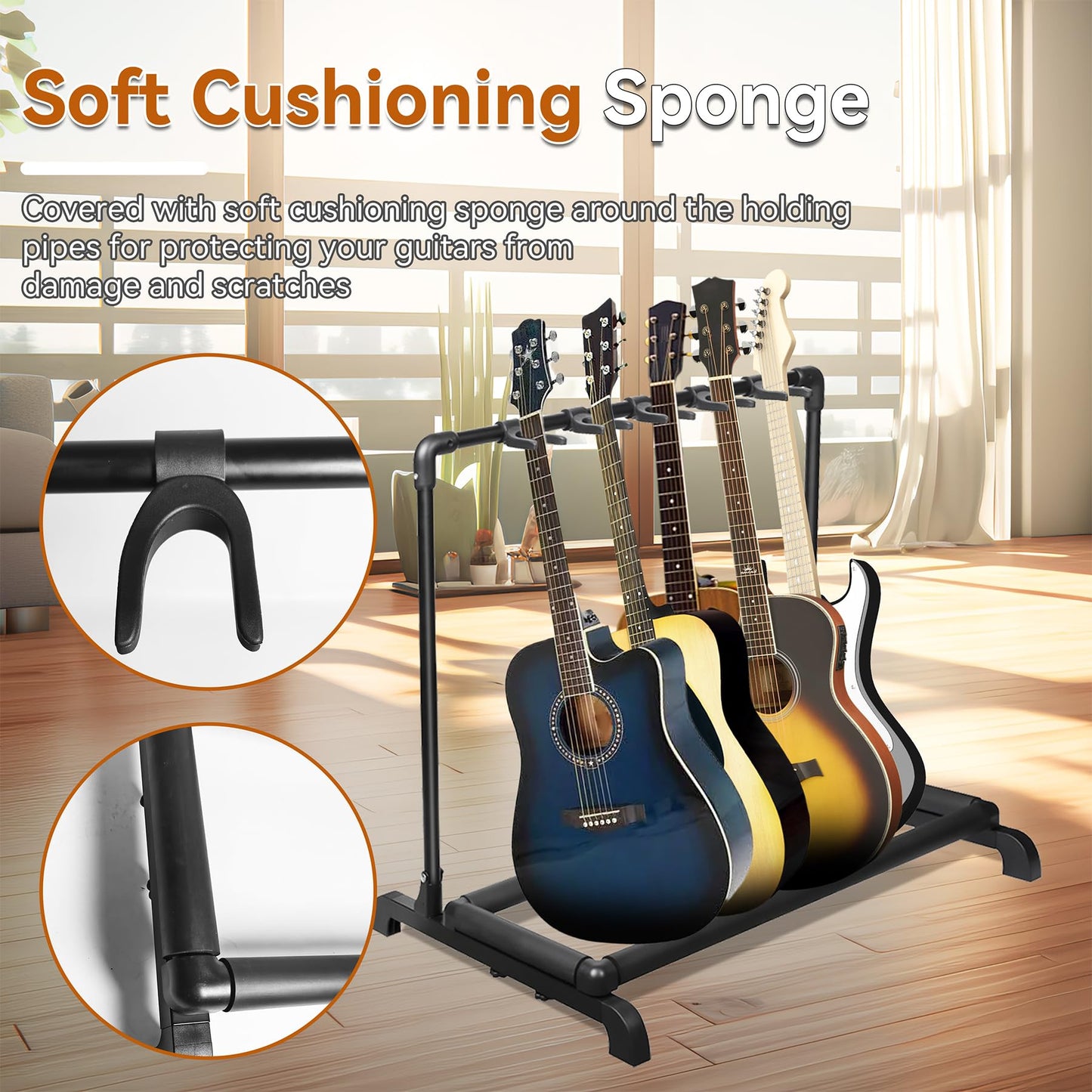 AZOR Multi Guitar Stand Folding 5 Holder Guitar Rack for Acoustic, Electric, and Bass Guitars - Soft Cushioning Sponge Protects Your Instruments - Durable and Stylish Design
