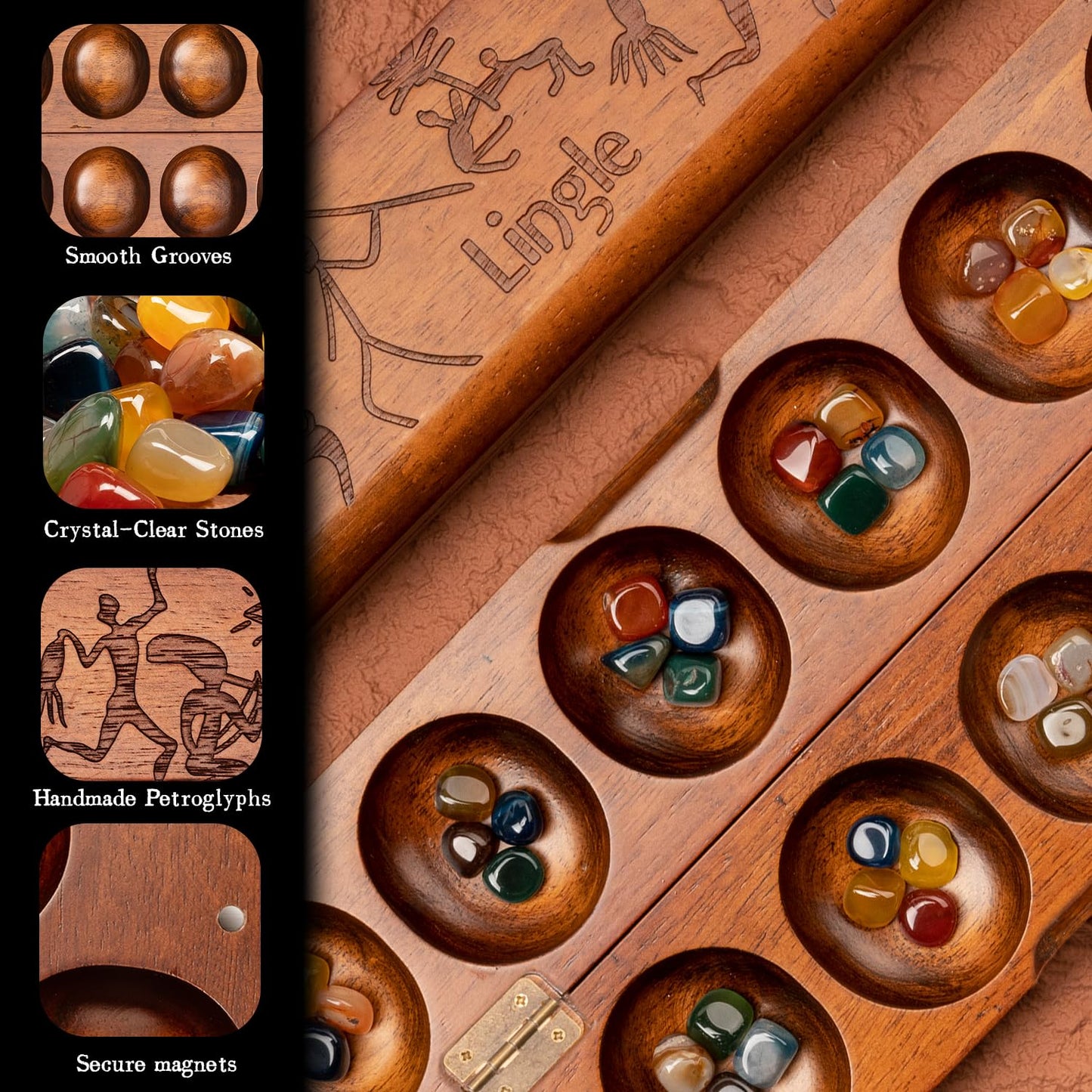 Deluxe Mancala Set: Real Wood Hinged Board with 48 Mixed Natural Gemstones - Authentic African Petroglyphs, Foldable Design for 2-Player Strategy Game