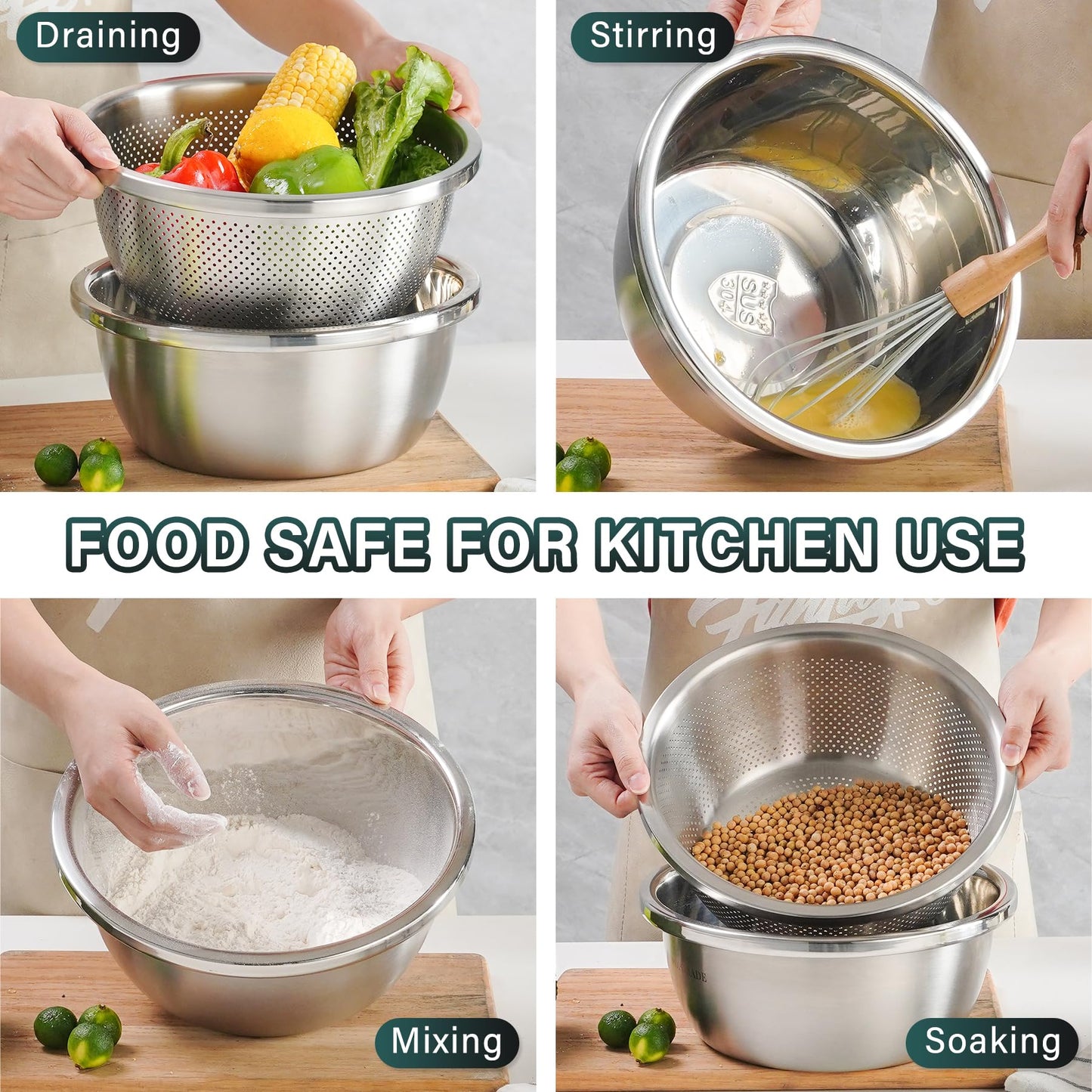 POPGRADE 304 Stainless Steel Colander with Bowl, 5-Qt Large Rice Washing Bowl Colander Food Strainers Set, Fruit Vegetable Washing Basket, Pasta Rice Rinser Strainer Washer (2pcs)