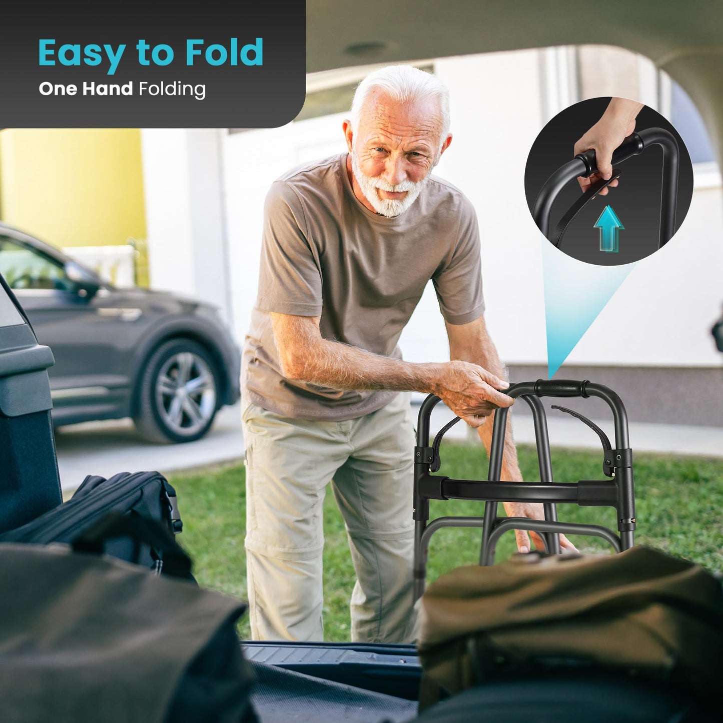 Careboda Lightweight Folding Walker with 5" Fixed Wheels, Portable Medical Walker with Adjustable Height and Trigger Release for Seniors and Adults, Aluminum Frame Supports up to 300 lbs, Charcoal Grey