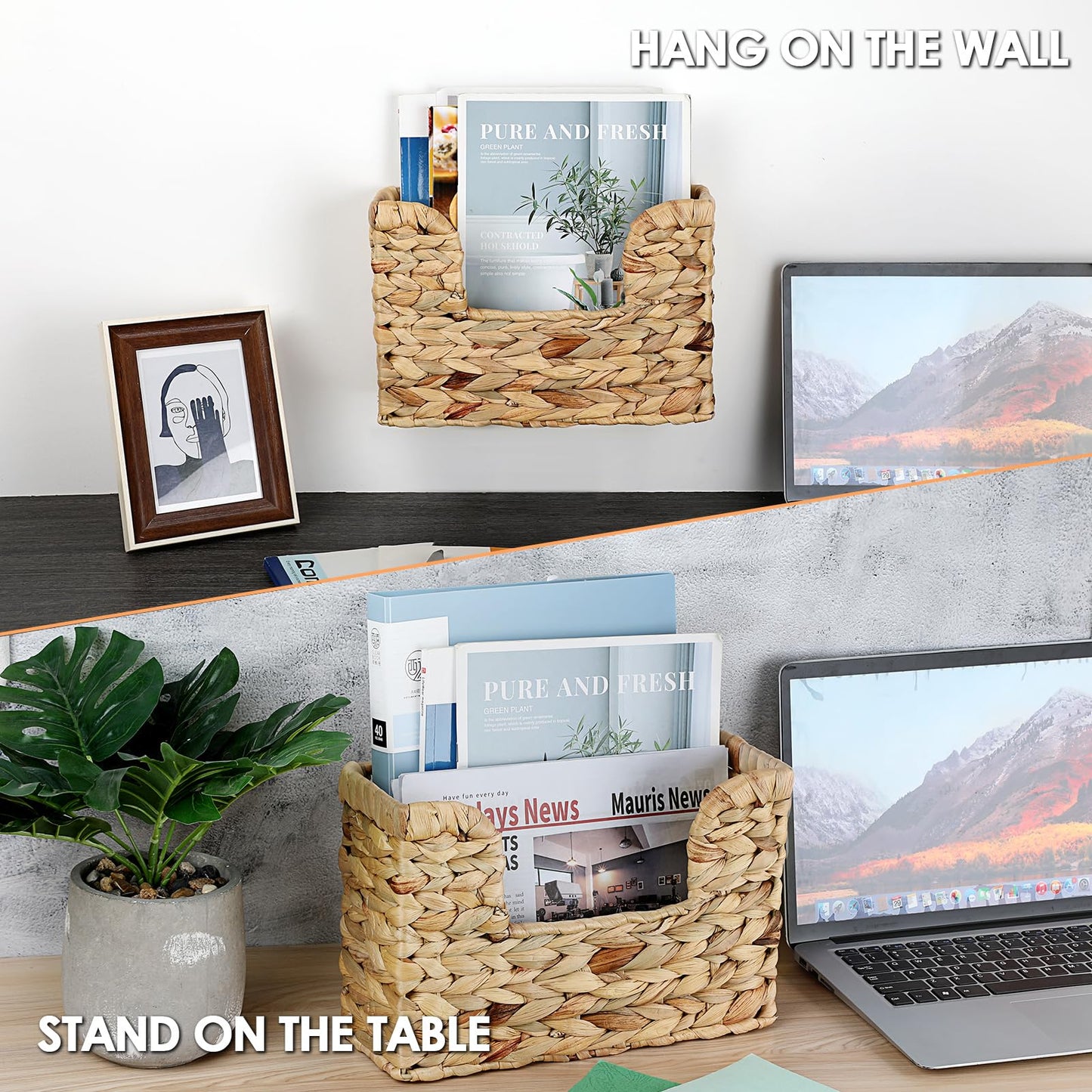 BTSKY Mail Organizer Wall Mounted File Holder Natural Water Hyacinth Magazine Basket Wall Hanging Magazine Holder Mail Storage Basket Bin for Home Office, 11.8 x 4.3 x 7.9 Inch