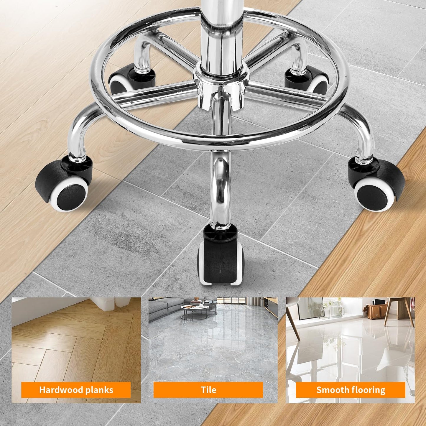 Rolling Stool PU Leather Round - Ultra Soft Padded Seat Cushion Stool with Wheels with Footrest, Strong Weight Capacity 350lb,Adjustable Swivel Stool for Tattoo Massage Salon Office Spa Home (White)