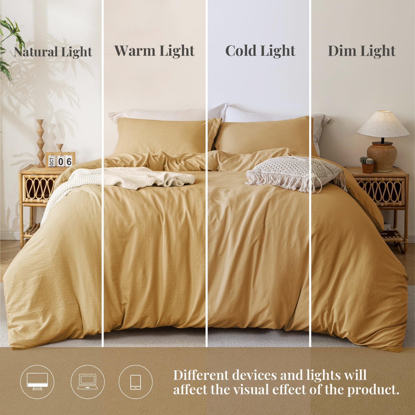 MILDLY Super Soft Duvet Cover - 100% Washed Microfiber Warm Mustard Yellow Comforter Cover Set 3 Pieces with Zipper Closure & Corner Ties (No Comforter)
