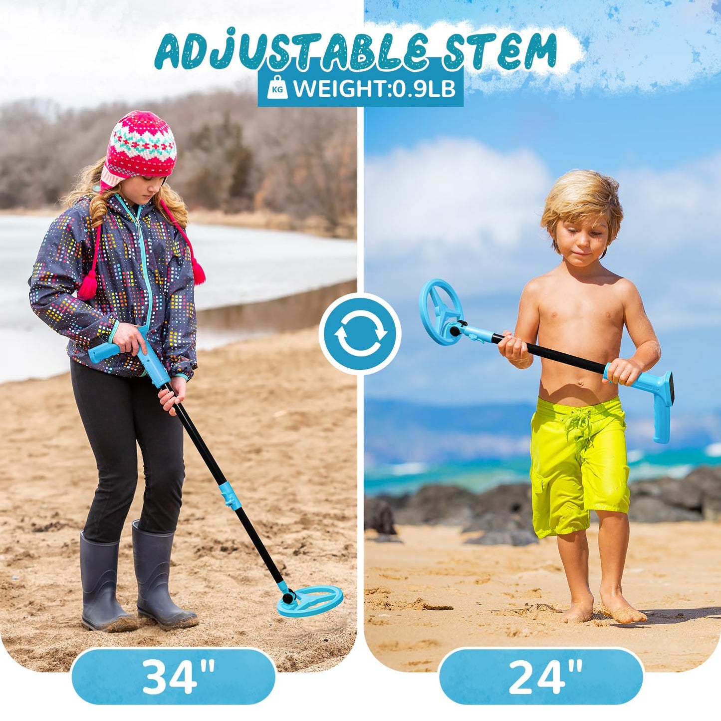 Metal Detector for Kids, Smofrees USB Rechargeable Small Kids Metal Detector, Adjustable 24"-34" Portable Childrens Metal Detector with Funny LCD Display for Outdoor Exploration, Blue