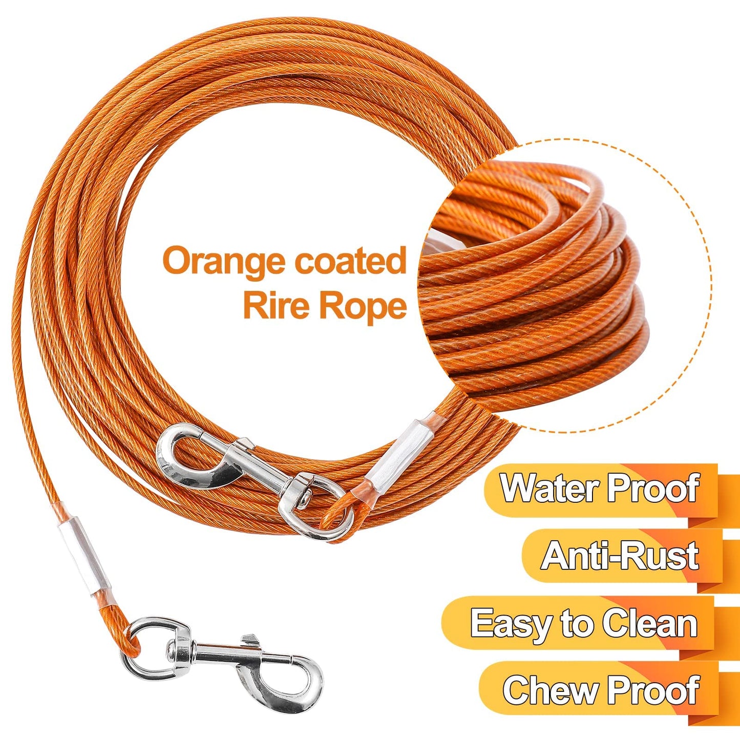 Mi Metty Tie Out Cable for Dogs, 10/20/30/50/ 100FT Dog Leads for Yard Chew Proof, Heavy Duty Dog Tie Out Cable for Large Dogs Up to 120lbs (Orange, 125Ibs 100ft)