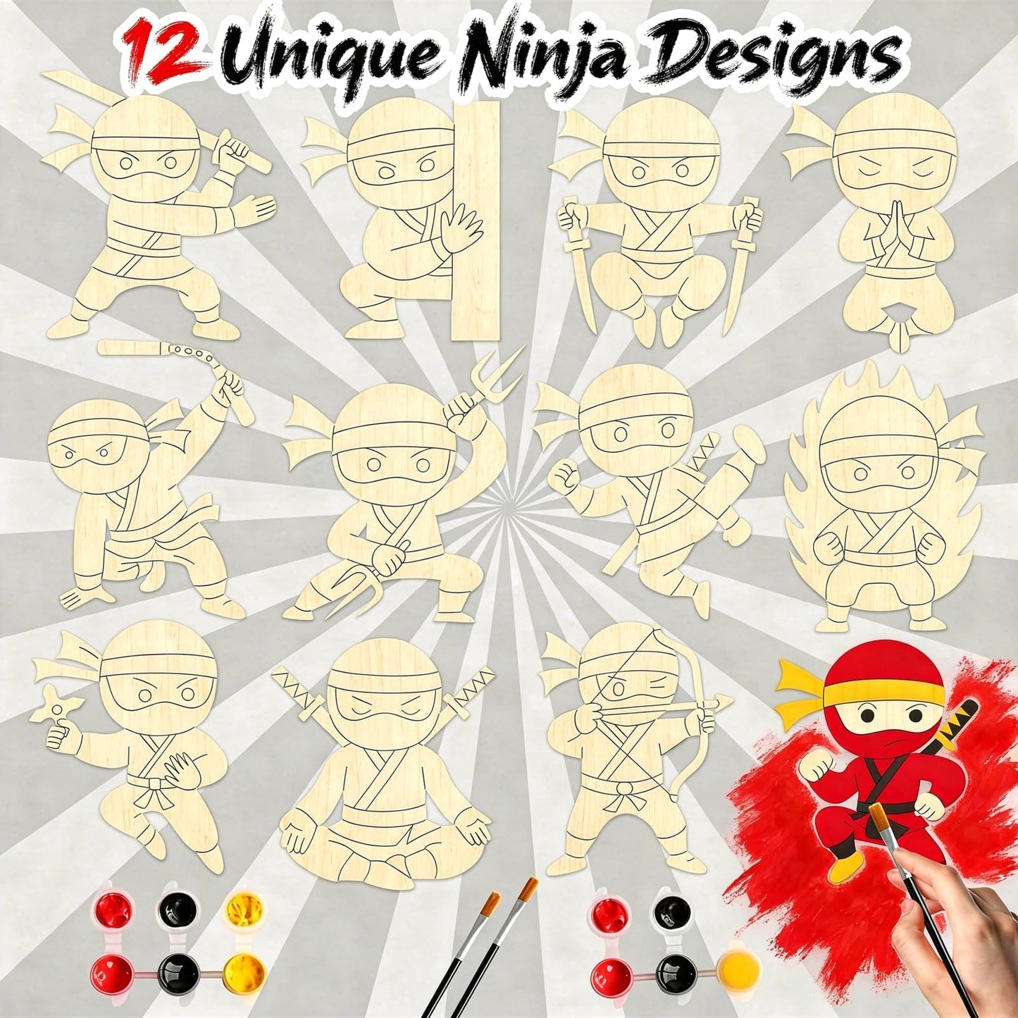 12 Pack Ninja Party Favors for Kids - Individually Wrapped Paint Your Own Wooden Magnet Craft Kits with Thank You Card, Stealthy Birthday Decorations for Boys & Girls