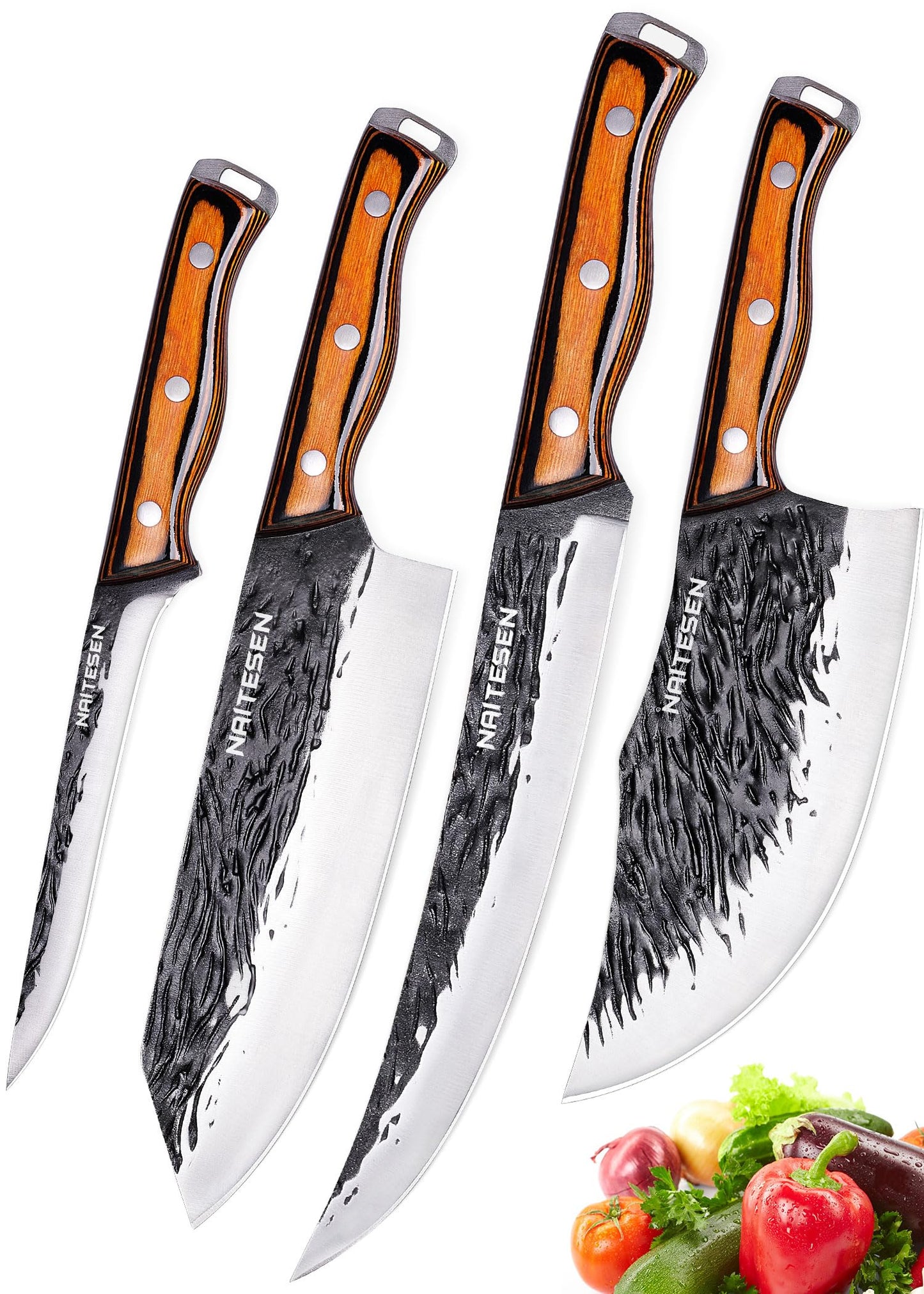 Naitesen 4PCS Hand Forged Butcher Knife Set, Heavy Duty Meat Cleaver Serbian Kitchen Chef Knife Breaking Knife Boning Knife for Meat Cutting Home Kitchen Cooking Camping BBQ