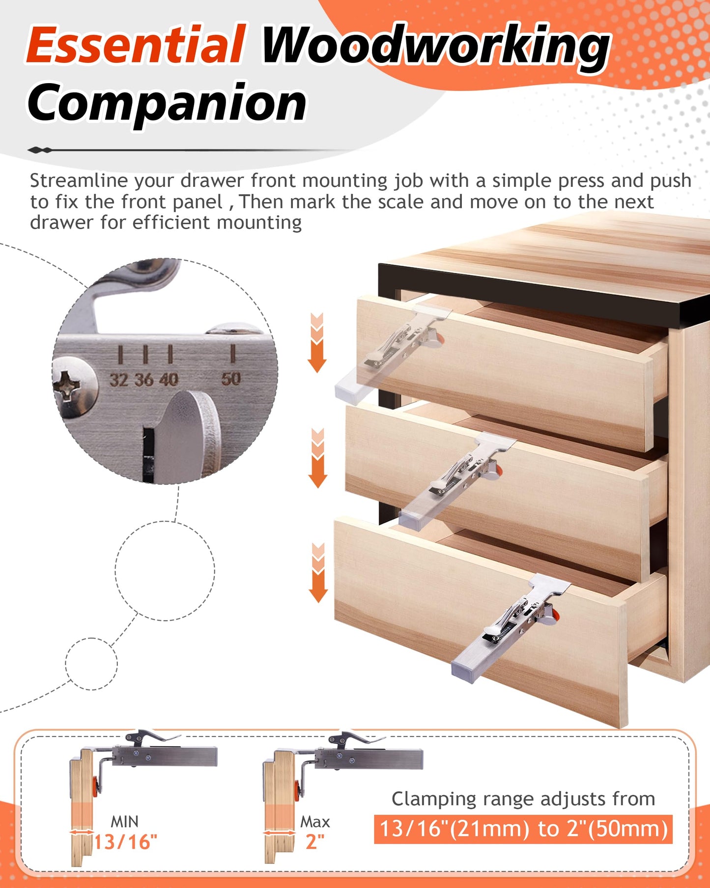 Drawer Front Installation Clamps, Stainless Steel Adjustable Drawer Fixing Clamp, Woodworking Tools for Drawer Panel Mounting with Single Press, Drawer Fixing Clips for Consistent Gaps