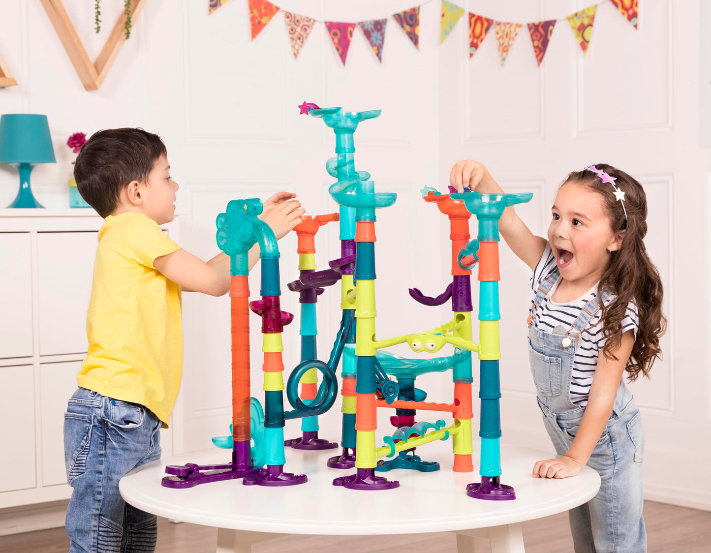 B. toys – Marble Run Toy Set – 62-Piece Interactive STEM Toy Featuring Lights, Sounds, and Modular Track Designs – Enhances Creativity, Early Engineering Skills – Ages 3 and Up