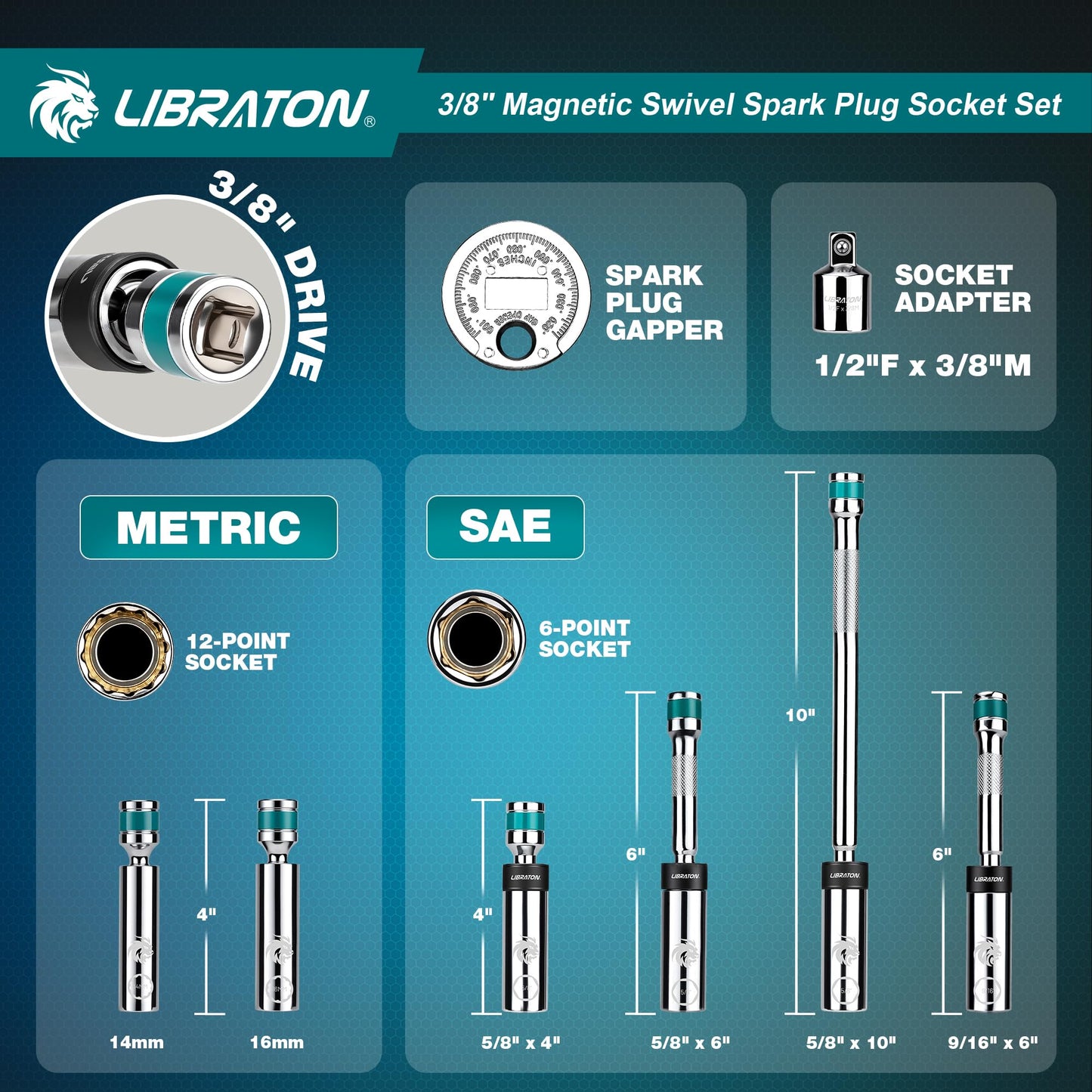 LIBRATON 8PCS 3/8"Dr. Magnetic Spark Plug Socket Set, Include Gapper & Extension Bar, Swivel Head Thin Wall (5/8" 9/16" 14mm 16mm), 6 &12 Point for Truck Motorcycle Auto Repair, w/4",6",10", CR-V
