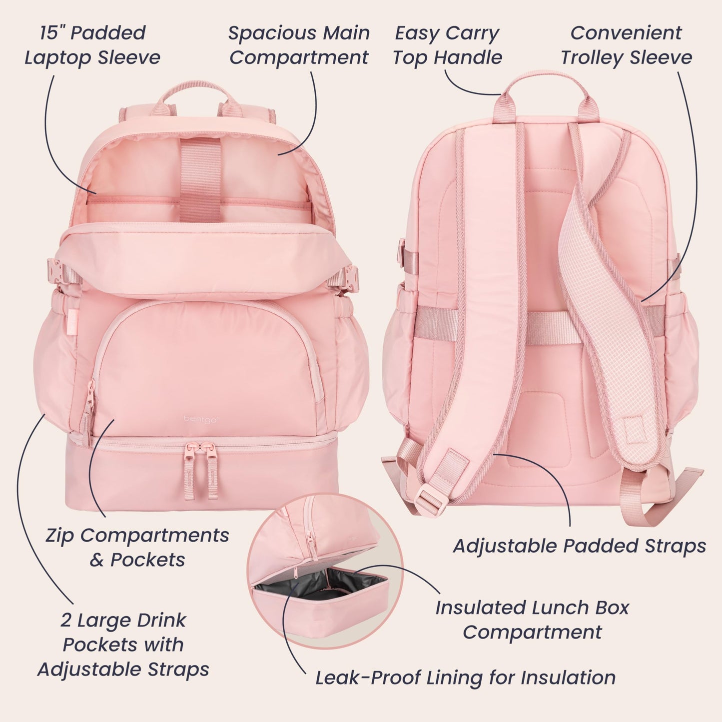 Bentgo® 2-in-1 Adult Backpack & Insulated Lunch Bag – Lightweight, Water-Resistant Travel Backpack with 9 Compartments, Laptop Sleeve & Trolley Sleeve for Work & Everyday Use (Soft Blush)