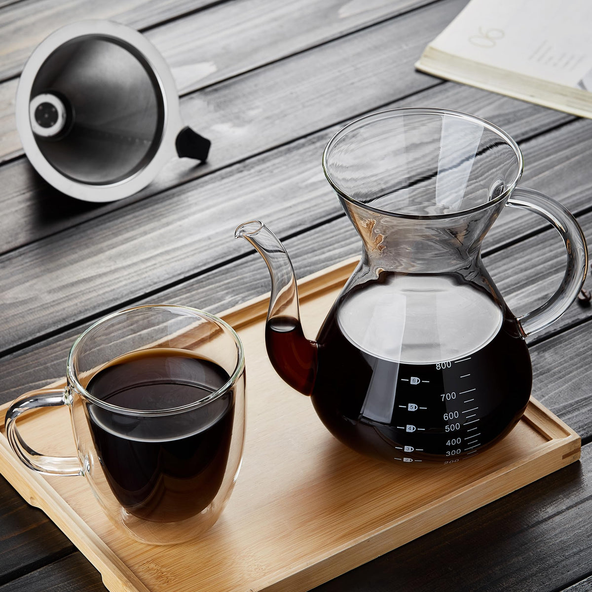Unbreakable - Pour Over Coffee Maker with Double Stainless Filter 8-Cup, Thickened Heat-Resistant Borosilicate Glass Pour Over Coffee Dripper, Stovetop Safe