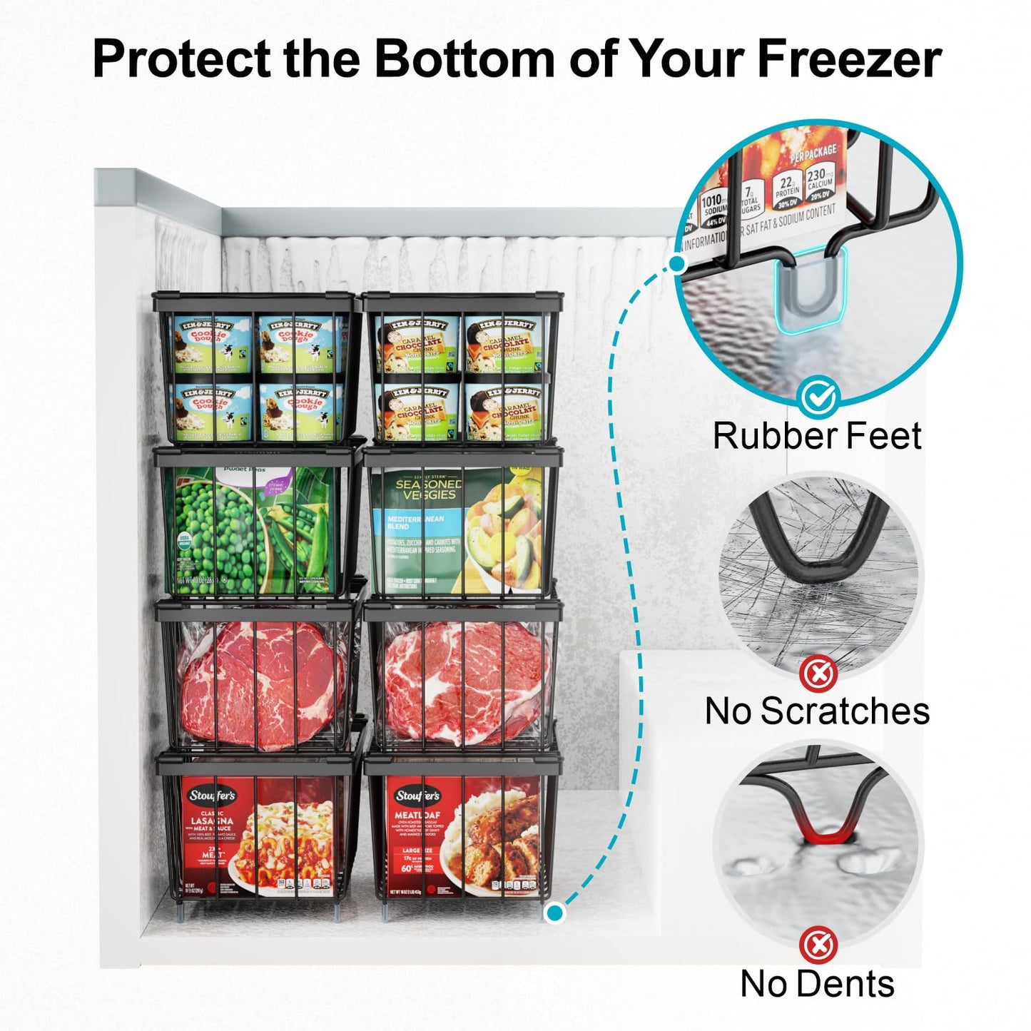 iSPECLE Freezer Organizer Bins - 4 Pack Stackable Wire Baskets for 5 to 7 Cu.Ft Deep Freezer, Sort Frozen Foods Chest Freezer Organizer with Handles Easily Get Food and Add Storage Space, Black