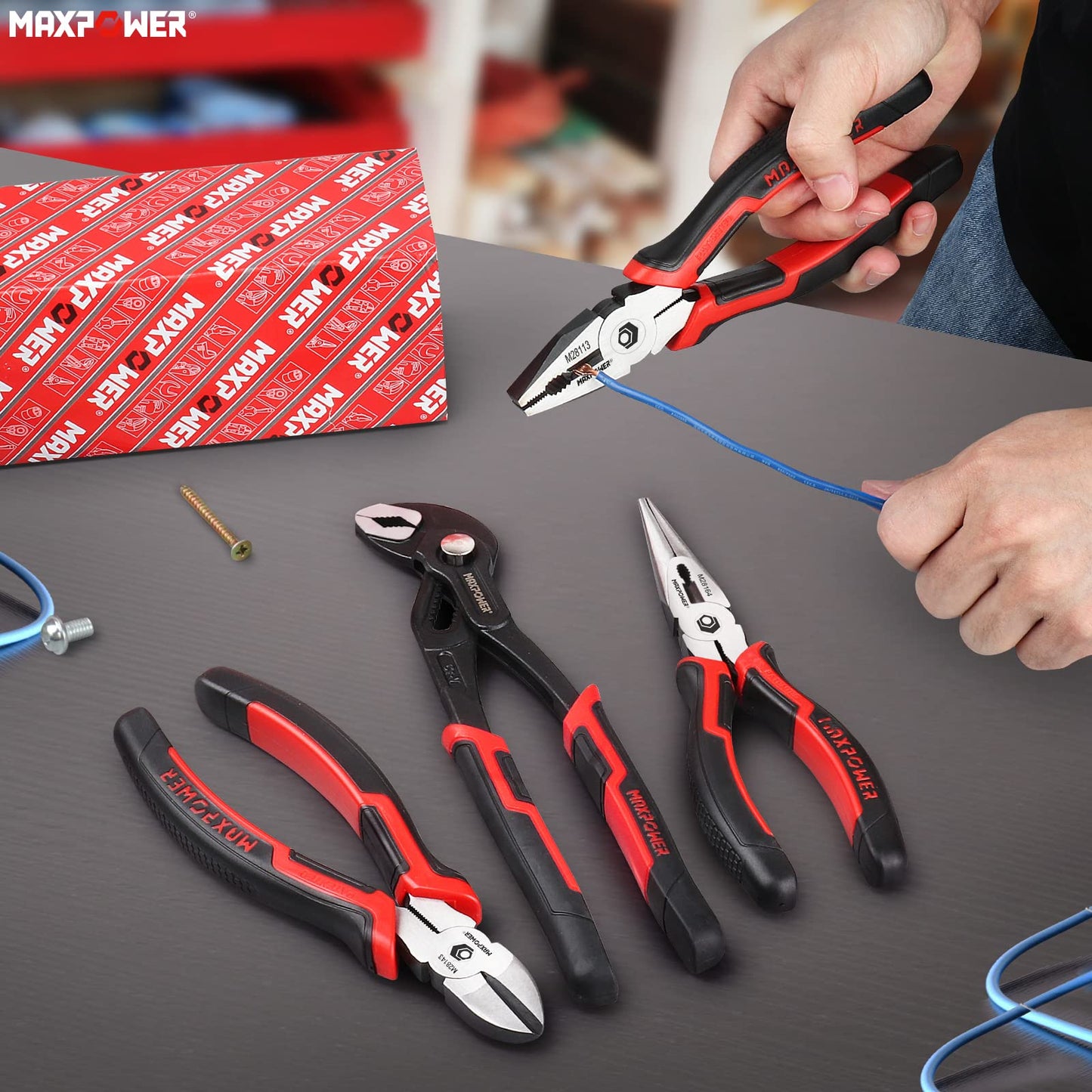 MAXPOWER 4 Piece Pliers Set, 8 inch Lineman Pliers, Diagonal Cutting and Long Nose Pliers, 10 inch Groove Joint Pliers