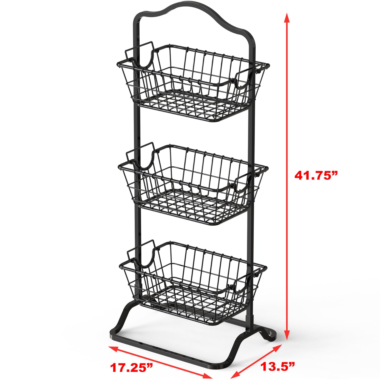 Simple Houseware 3-Tier Rigid Wire Market Fruit Basket Stand Organizer Shelf, Large 45x34x125cm, Black