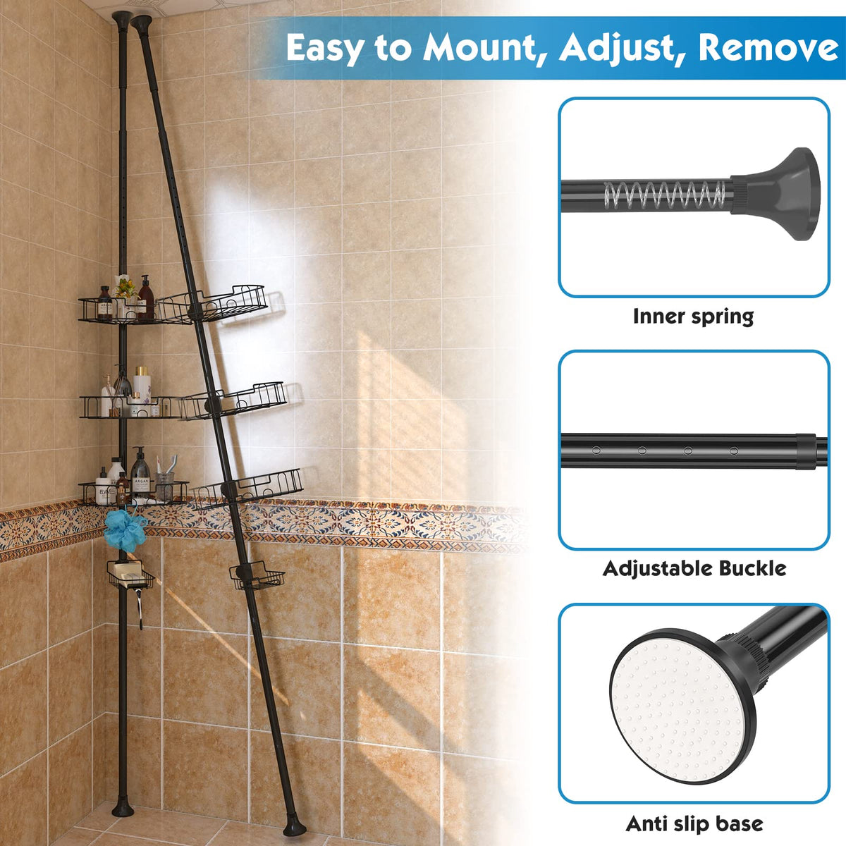 Tension Shower Caddy, Rustproof Corner Shower Caddy Stand Storage Organizer with Tension Pole for Bathroom Bathtub Shampoo Soap Plants, 4 Tier Adjustable Shelves, 54 to 125 Inch