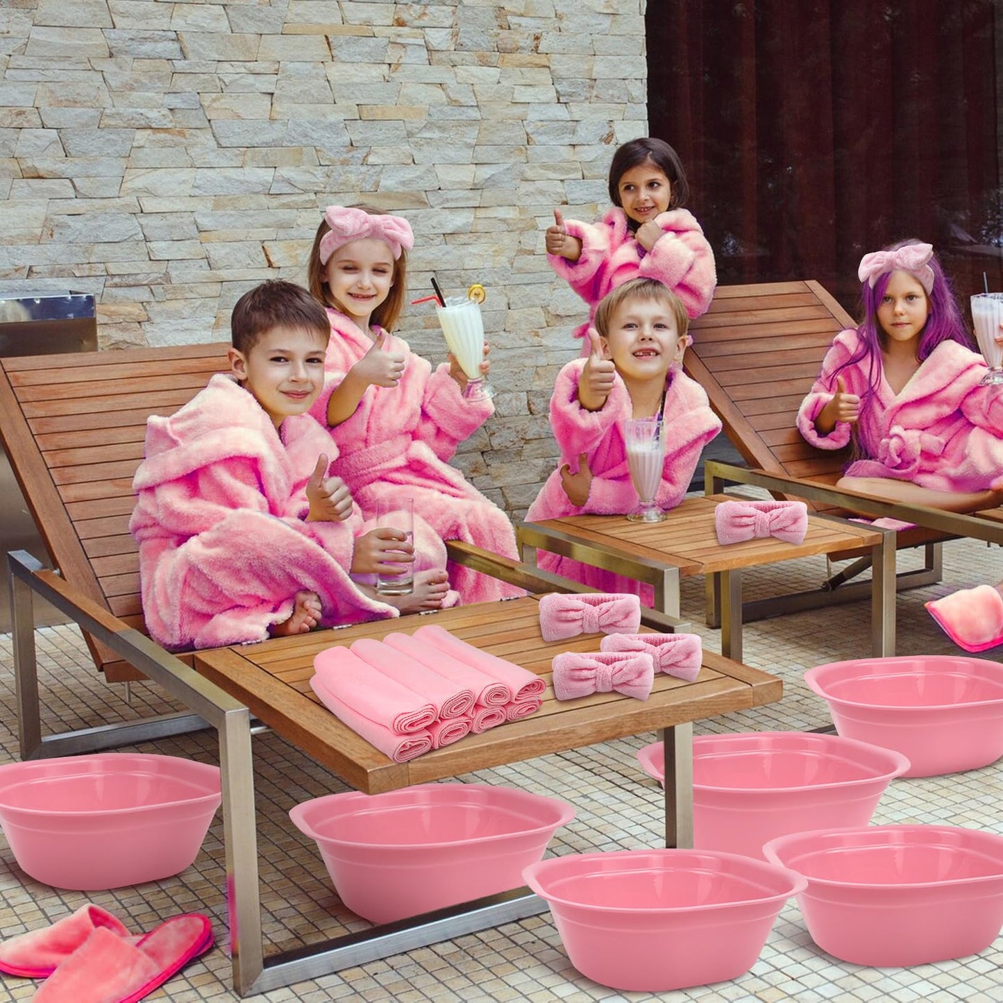 32 Pcs Foot Spa Kit for Kids, Light Pink 8 Foot Tubs for Soaking & 8 Towels & 8 Hairbands & 8 Eye Masks, Spa Party Supplies for Girls for Sleepovers Slumber Party