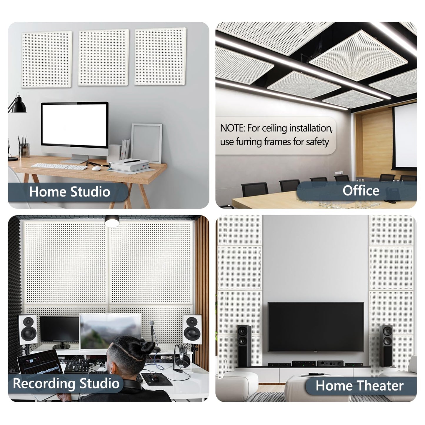 TroyStudio Perforated Aluminum Acoustic Panels, 4 Pcs 12" x 12" x 0.8" Self-adhesive Sound Absorbing Panels, Easy Clean Soundproof Wall/Ceiling Tiles, Decorative Boards for Home Studio, Gaming Room