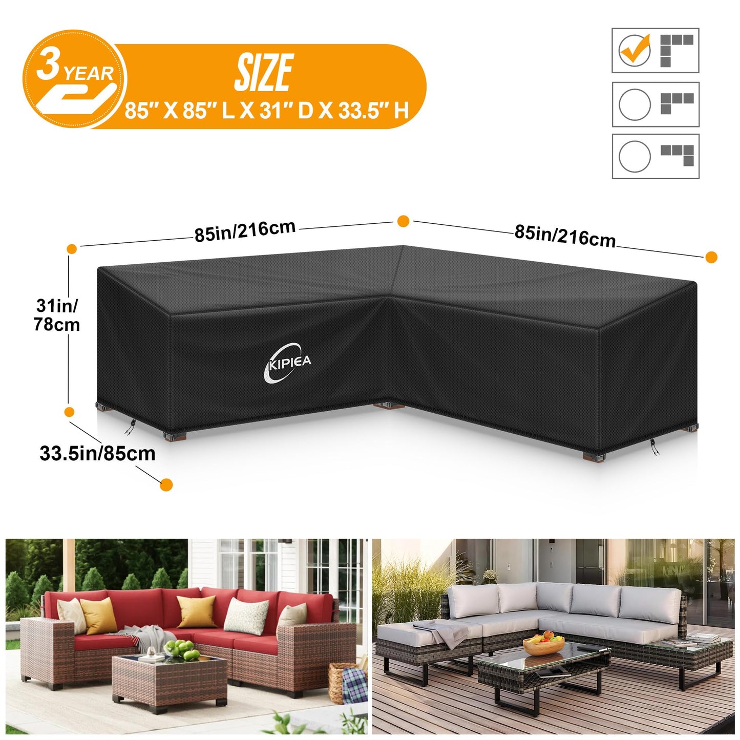 Kipiea 600D V-Shape Outdoor Patio Furniture Covers Waterproof, Outdoor Sectional Cover Windproof, Patio Sectional Sofa Cover Anti-UV, No Tears & No Fading (85"/85"L x 33.5"D x 31"H) Black