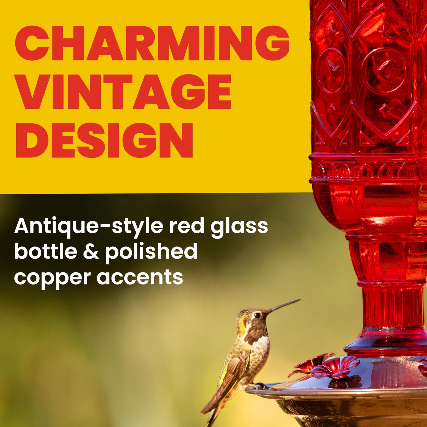 More Birds 76IN Jewel Glass Hummingbird Feeder, Red - 20 oz