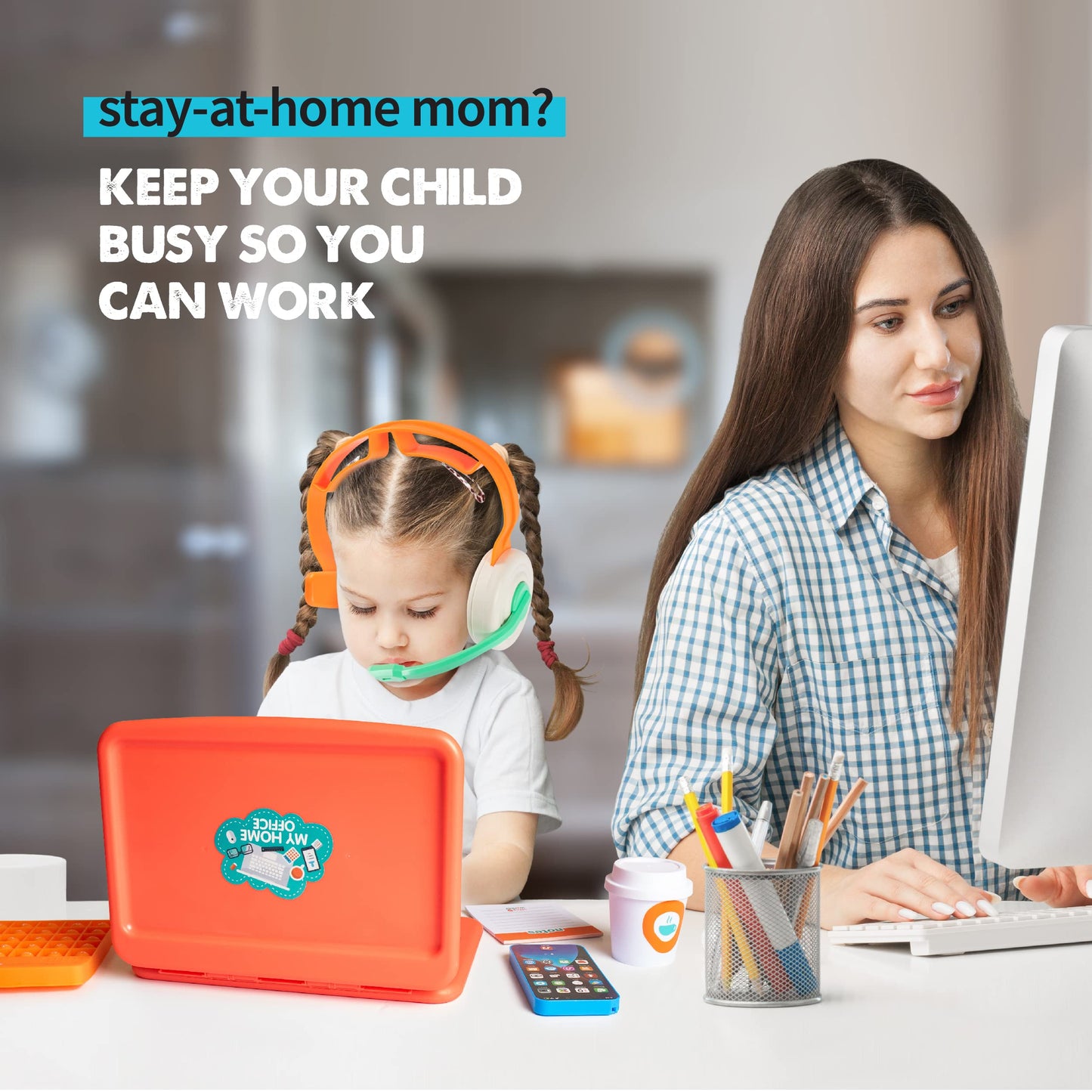 Born Toys Kids Pretend Play - Work from Home Office Toys w/Kids Laptop, Headset, Toy Phone w/LED & Sounds for Ages 3-7