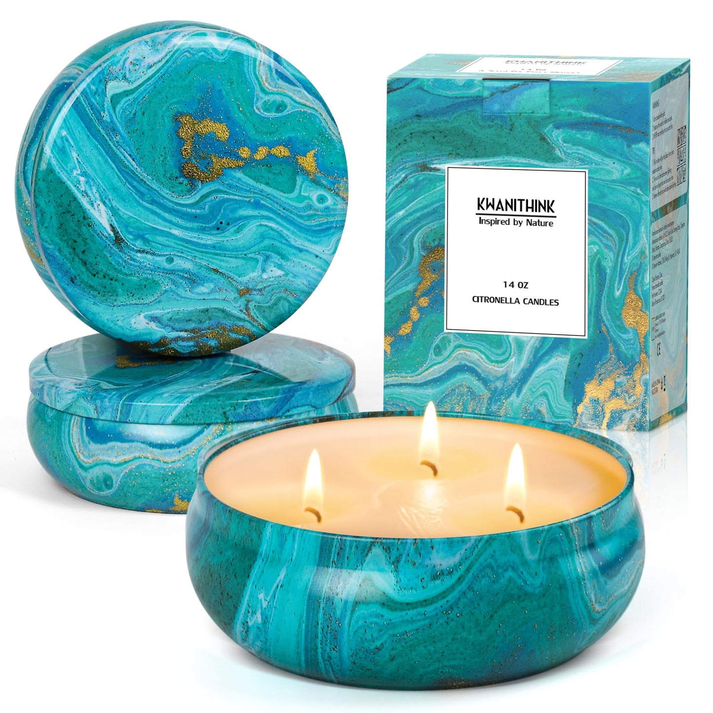 KWANITHINK Citronella Candle Large, 3 x 14oz Citronella Scented Candles, Natural Soy Wax Candles Outdoor Indoor for Home Patio Garden Camping, 3 x 75 Hours