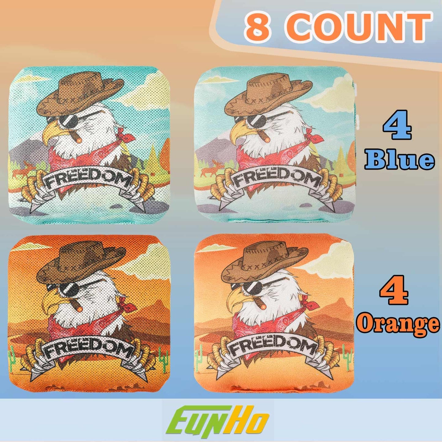 EunHo Cornhole Bags Regulation Dual Sided Set of 8, Non-Dusty Cornhole Bean Bags Slick & Sticky Side Bags with Carry Bag (Cow/Eagle)