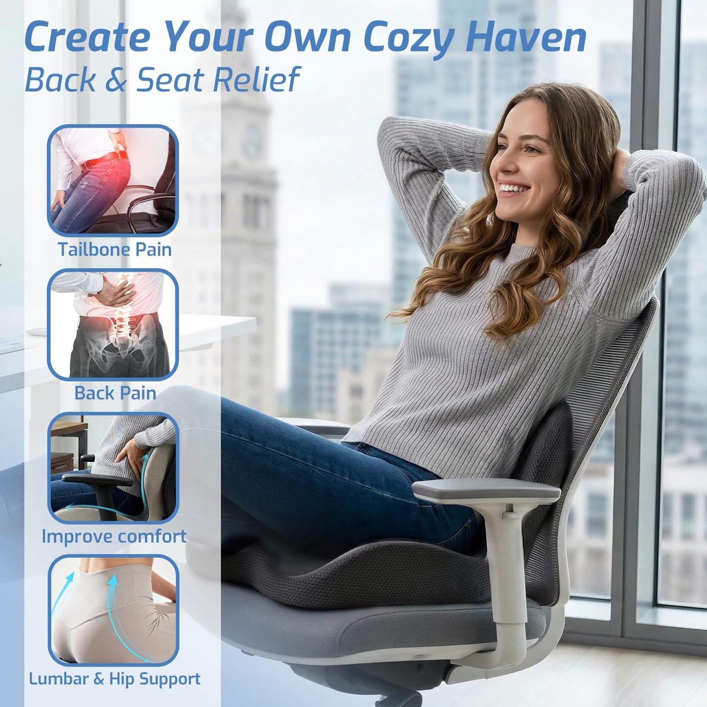 ECONVCE Memory Foam Seat Cushion,Car Chair Cushion with Lumbar Support,Ergonomic Seat Cushion for Sciatica,Back Pressure Pain Relief for Office,Car,Truck
