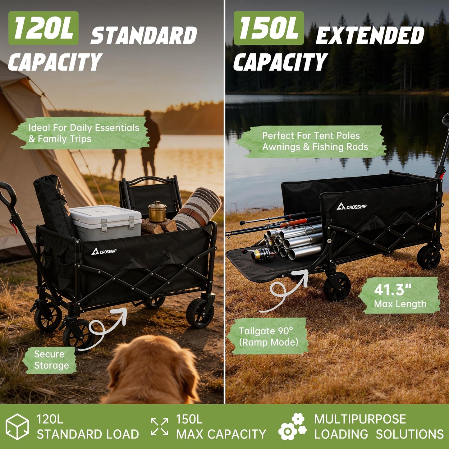 CROSSHIP Collapsible Pet Wagon Cart with Drop-Down Tailgate - Foldable Wagon Carts 150L & 330LBS Folding Wagons, All-Terrain Wheels Utility Wagon for Camping with 1 Medium Dog or 2 Small Puppies