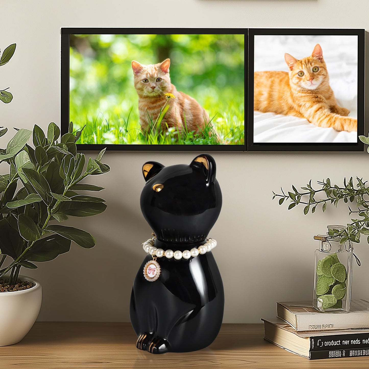 DiDiBirDi Cat Urns for Ashes, Elegant Ceramics Pets Cremation Keepsake, Black Pet Urns for Cats Memorial Box with Personalized Necklace (20lbs)