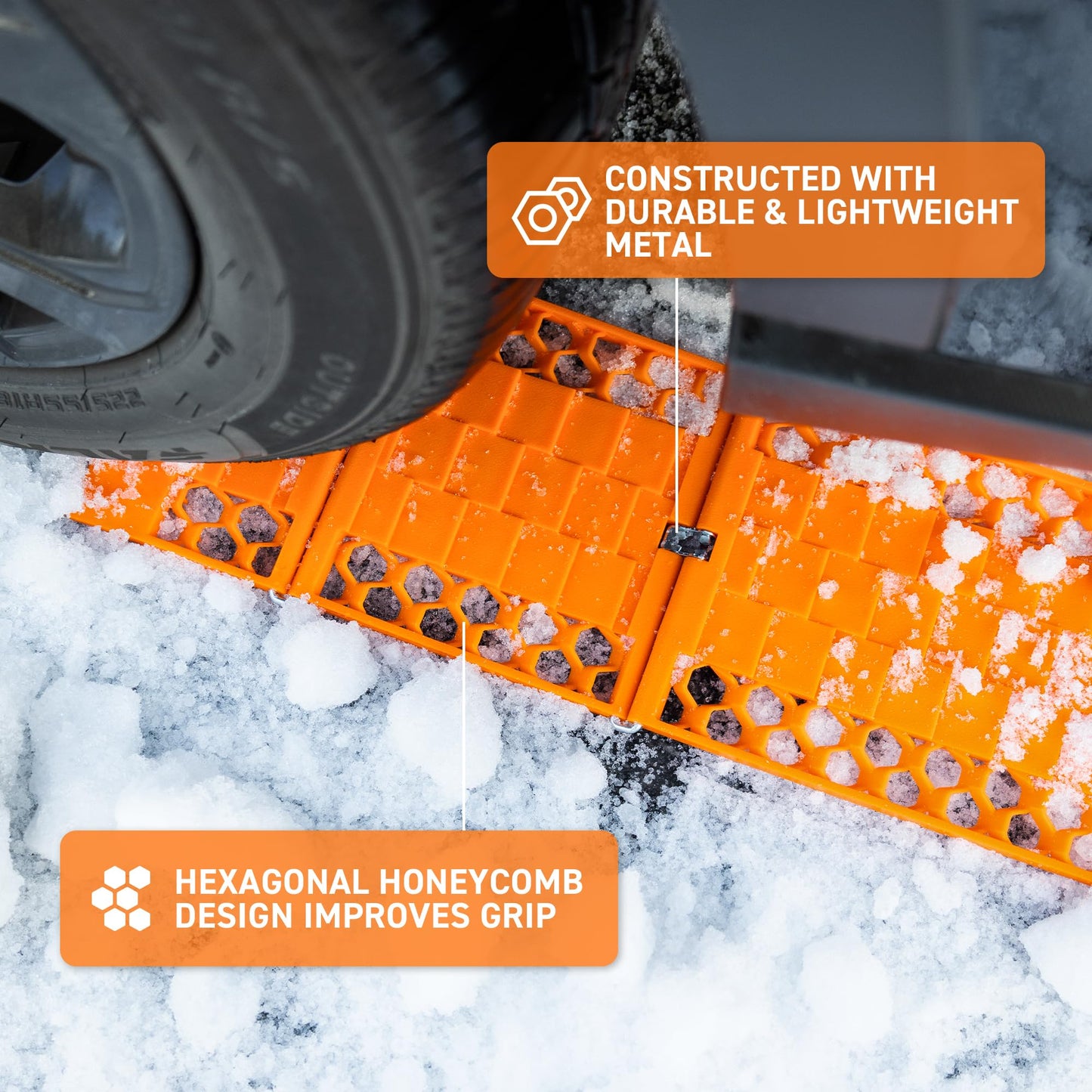 72HRS All Weather Automotive Emergency Tire Traction Mat, Winter Traction Mat, Snow Mud Dirt All Terrain Tire Traction Set of 2-55 x 18cm (Orange)
