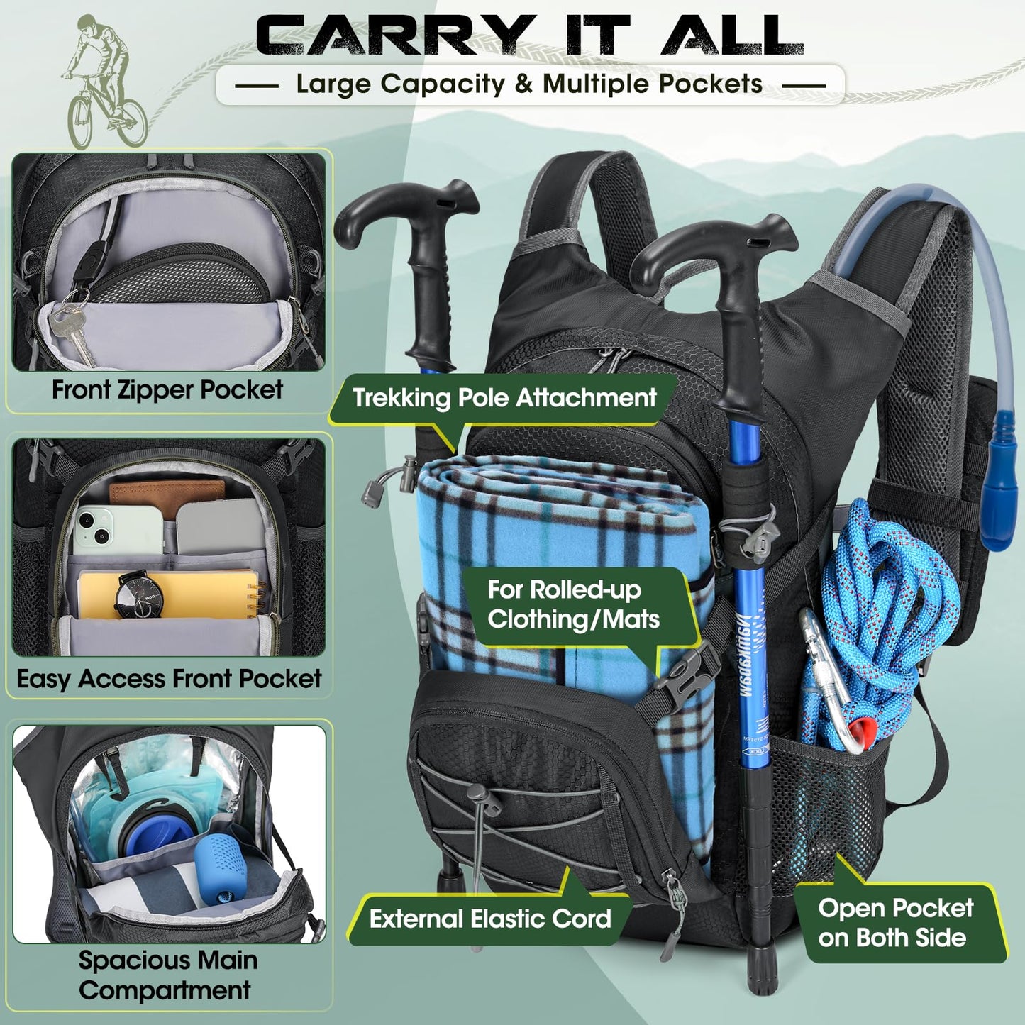 Hydration Backpack with 2L Water Bladder, Lightweight Water Backpack for Women&Men Small Insulated Hiking Backpacks with Rain Cover 18L Hydration Pack for Hiking, Running, Cycling, Biking,Black