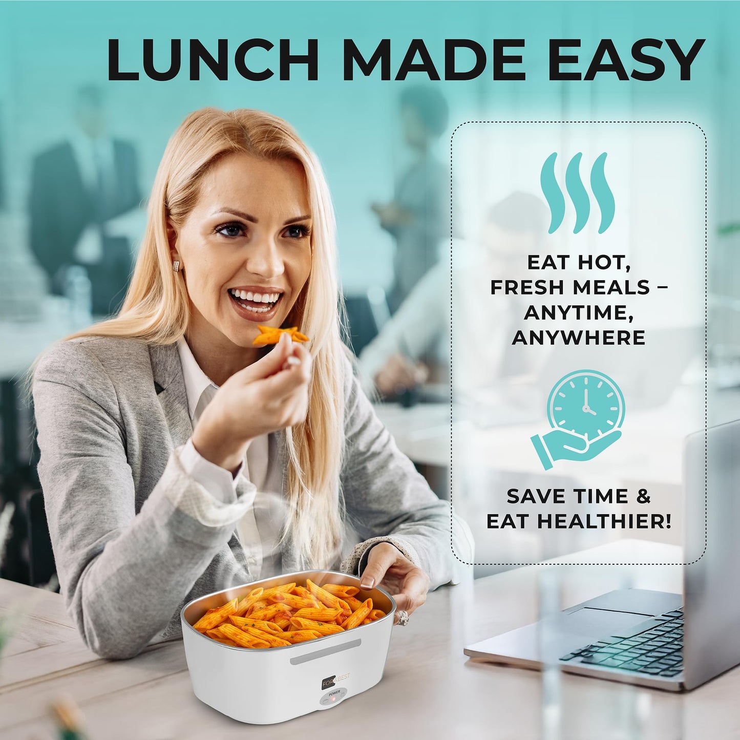 FORABEST Heated Lunch Box, 80W Electric Lunch Box for Adults, Portable Food Warmer with 1.5L Stainless Steel Container, Utensils, Carry Bag & Leakproof Lid, 12V/24V Car/Truck & 110/120V Home/Office