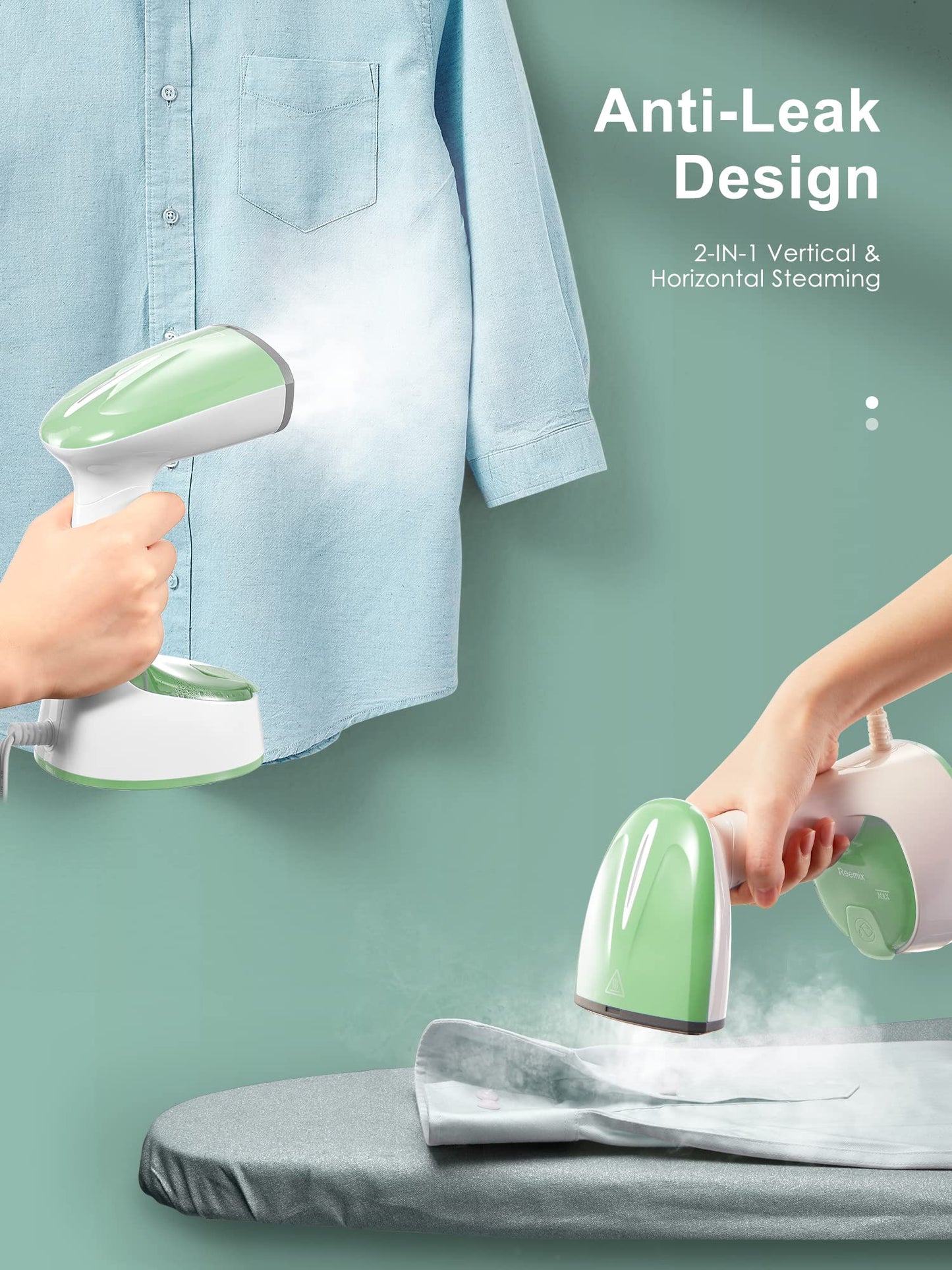 Reemix Steamer for Clothes, Foldable Steam Iron, Handheld Travel Clothes Steamer, 20g/min Strong Penetrating Steam, 25-Sec Fast Heat-up, for Home, Office and Travel (Green)