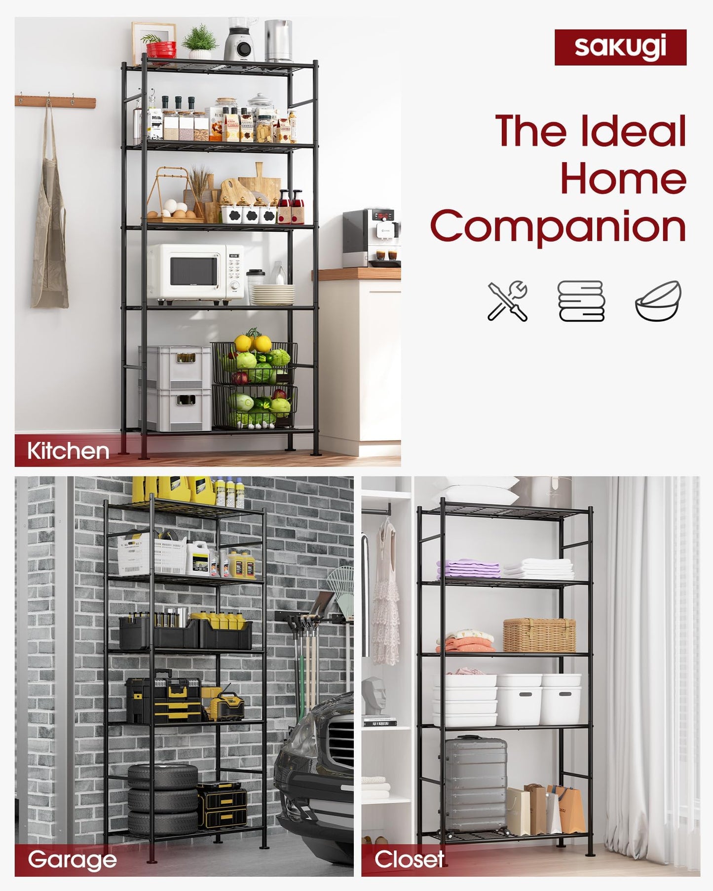 Sakugi 5 Tier Shelf - Heavy Duty Metal Storage Shelves with Adjustable Leveling Feet, Large Capacity Shelving Unit with Multiple Hooks for Kitchen, Pantry, Office (84 x 32 x 183 cm, Black)