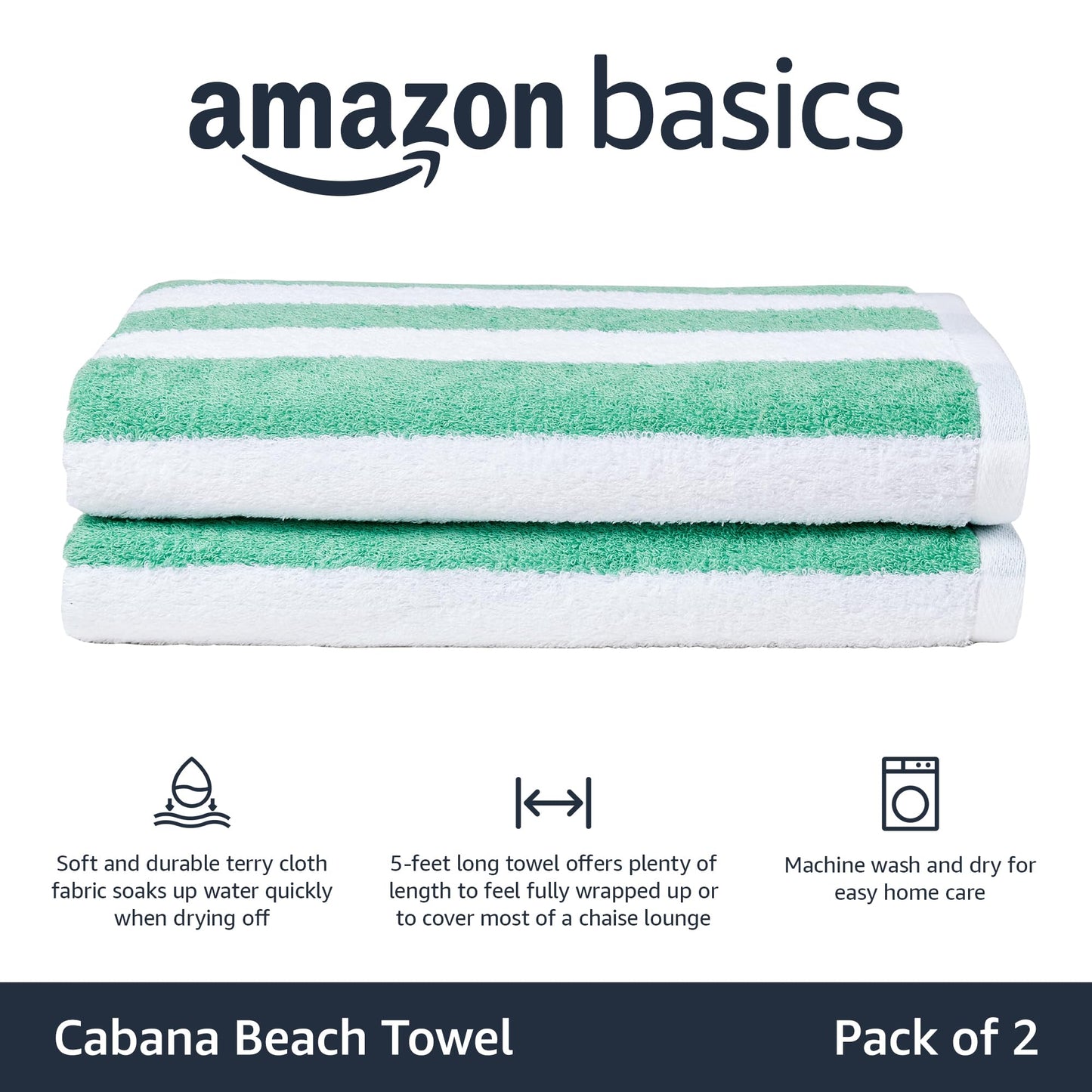 Amazon Basics Cabana Stripe Beach Towel - Pack of 2, Green