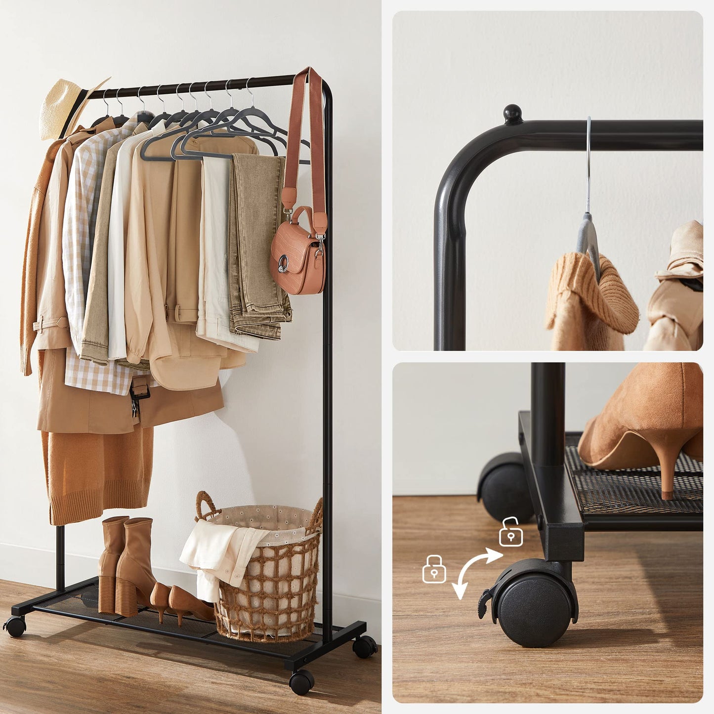 SONGMICS Clothes Rack with Wheels, 35.8 Inch Garment Rack, Clothing Rack for Hanging Clothes, with Dense Mesh Storage Shelf, 110 lb Load Capacity, 2 Brakes, Steel Frame, Black UHSR25BK