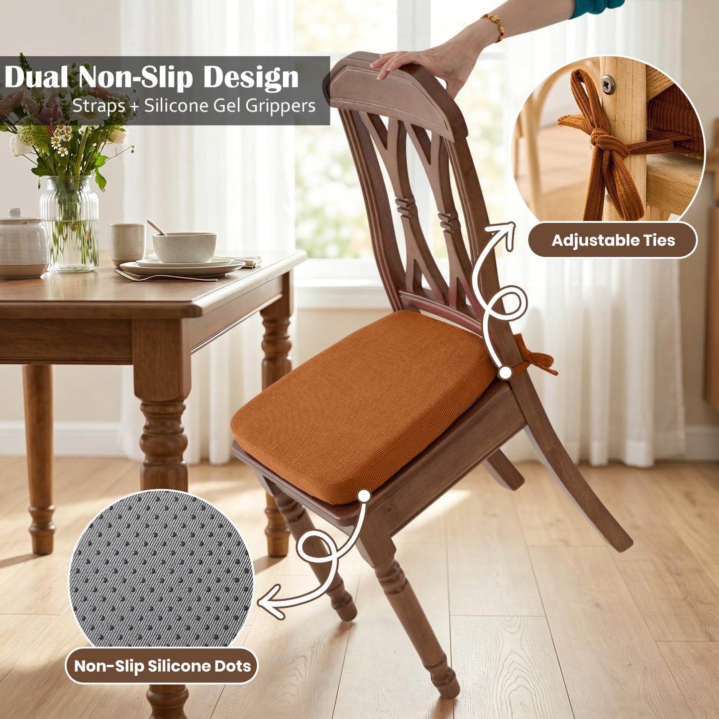 Nobildonna Dining Chair Cushions Set of 4-2" Thick High-Density Foam Chair Pads with Ties and Non-Slip Bottom, Removable Washable Cover for Dining and Kitchen, 17"x16", Orange Brown