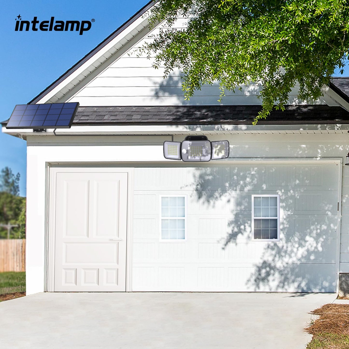 Intelamp Solar Motion Sensor Lights Outdoor, Split Design 2-Pack LED Security Flood Light, 6000mAh 1200LM Dual PIR Remote, IP65 Waterproof, Adjustable Solar Wall Light for Garage Yard Driveway Patio