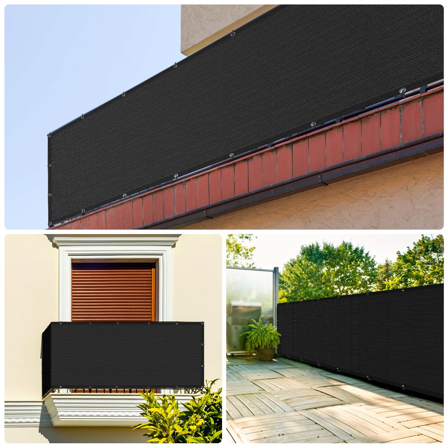 UIRWAY Privacy Screen Balcony Fence 3'x16.5', Garden Courtyard Privacy Fence Screen with Zip Ties UV Protection, for Animal Barriers, Decks, Patios, Outdoor Pools, Porches, Condo Railings - Black