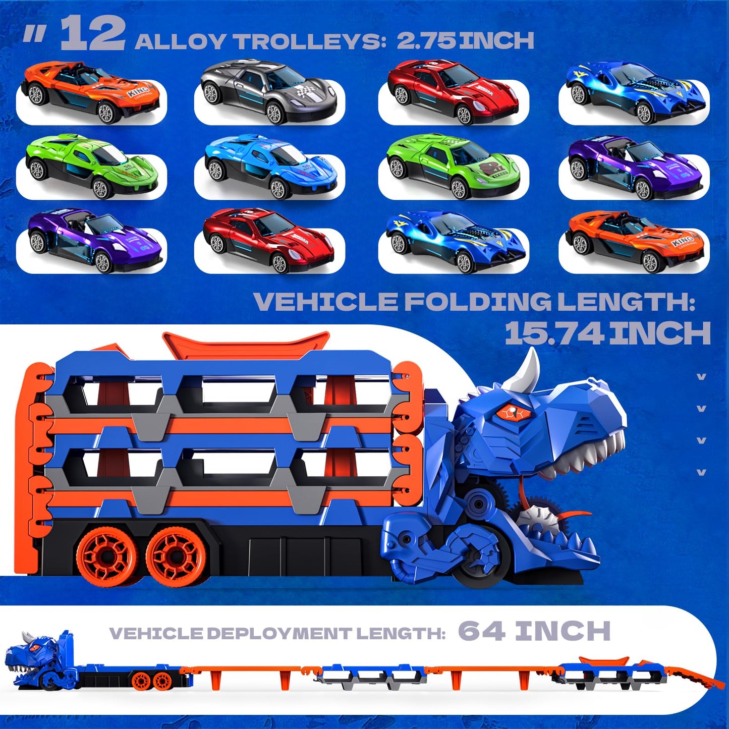 Car Toy Track Set Dinosaur Transport Truck with 12 Pcs Die-Cast Cars Toys, Transforms into Dino, Toddler Car Truck Toys Gifts for 3 4 5 Years Old Boys, Birthday Gifts for 3 4 5 6 Year Old Boys