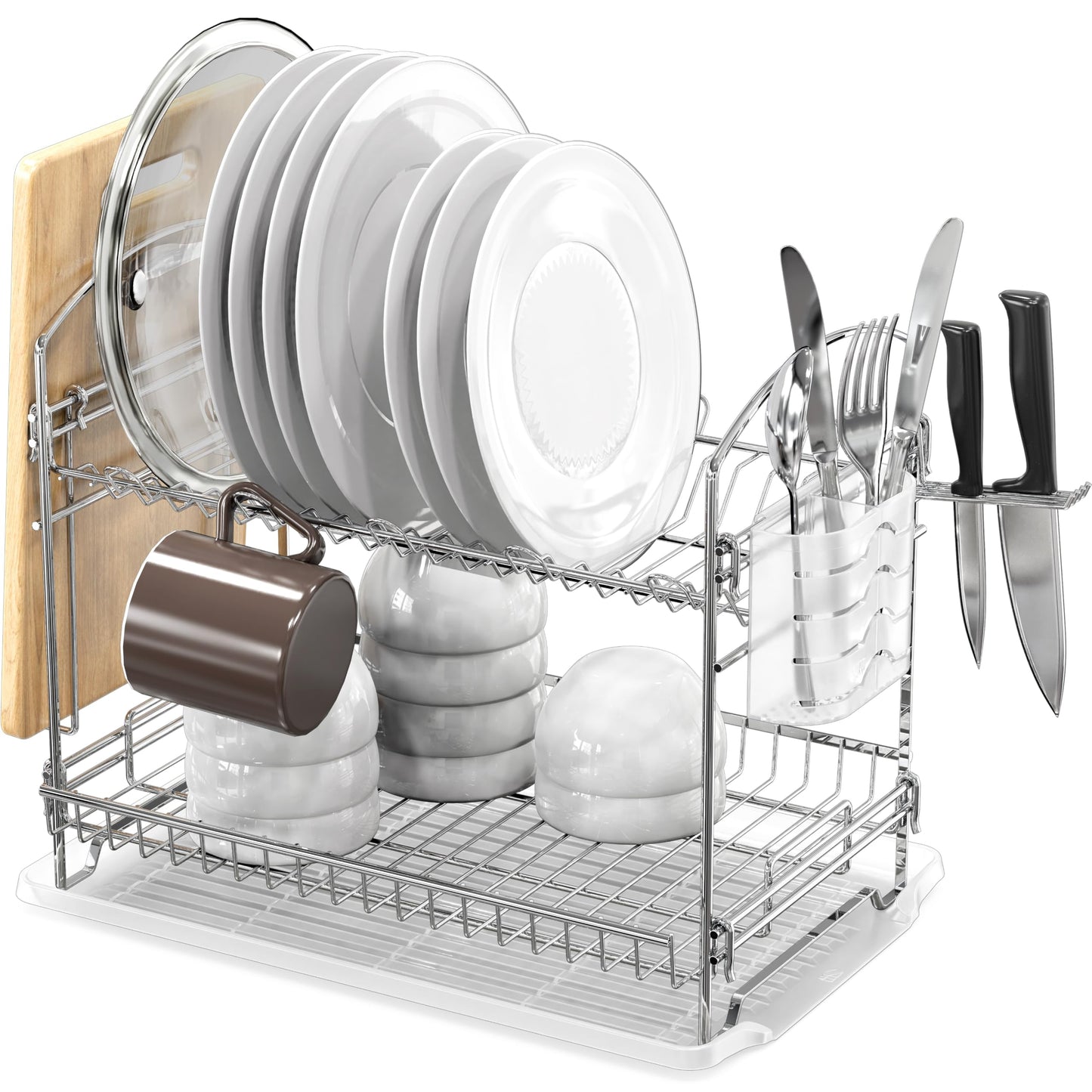 Simple Houseware 2-Tier Stainless Steel Dish Drying Rack with Drainboard, Kitchen Countertop Organizer with Cutting Board, Mug, and Cutlery Holder