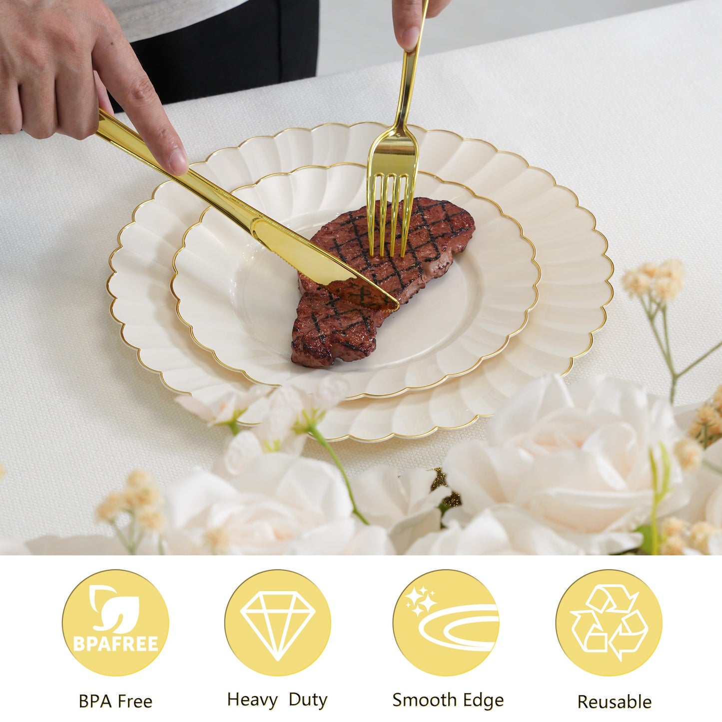 ISFANGCO 72PCS Ivory Plastic Plates Set for 36 Guests, Heavy Duty Disposable Gold Rim Scalloped for Wedding Party, 36 Dinner Plates 10.25", 36 Dessert Plates 7.25"