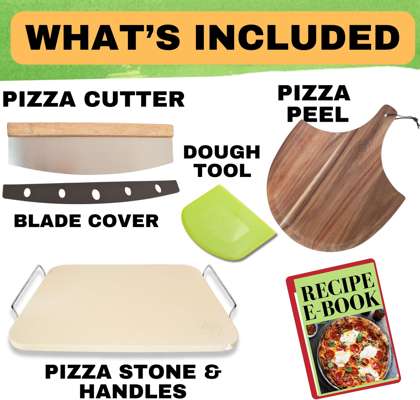 Pizza Stone - Pizza Stones for Oven and BBQ Grill - 5 PCS Pizza Making Accessories, 15 inch Pizza Stone with Handles, Wood Peel, Pizza Cutter, Dough Tool - Baking Stone - Pierre a Pizza 38cm x 30.5cm