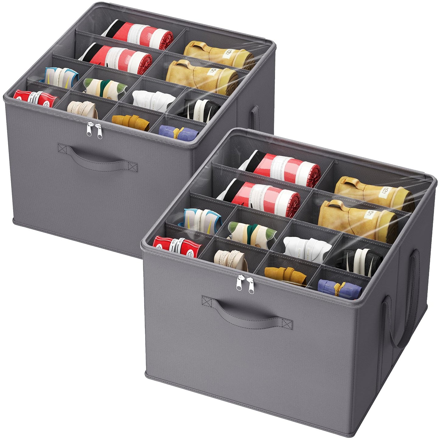 Lifewit Shoe Storage Organizer for Closet, Shoe Box Storage Containers with Clear Cover and Reinforced Handles, Large Shoe Slots Foldable Storage Bins for Boots Heels Sneakers, 2 Pack, 24 Cell, Gray