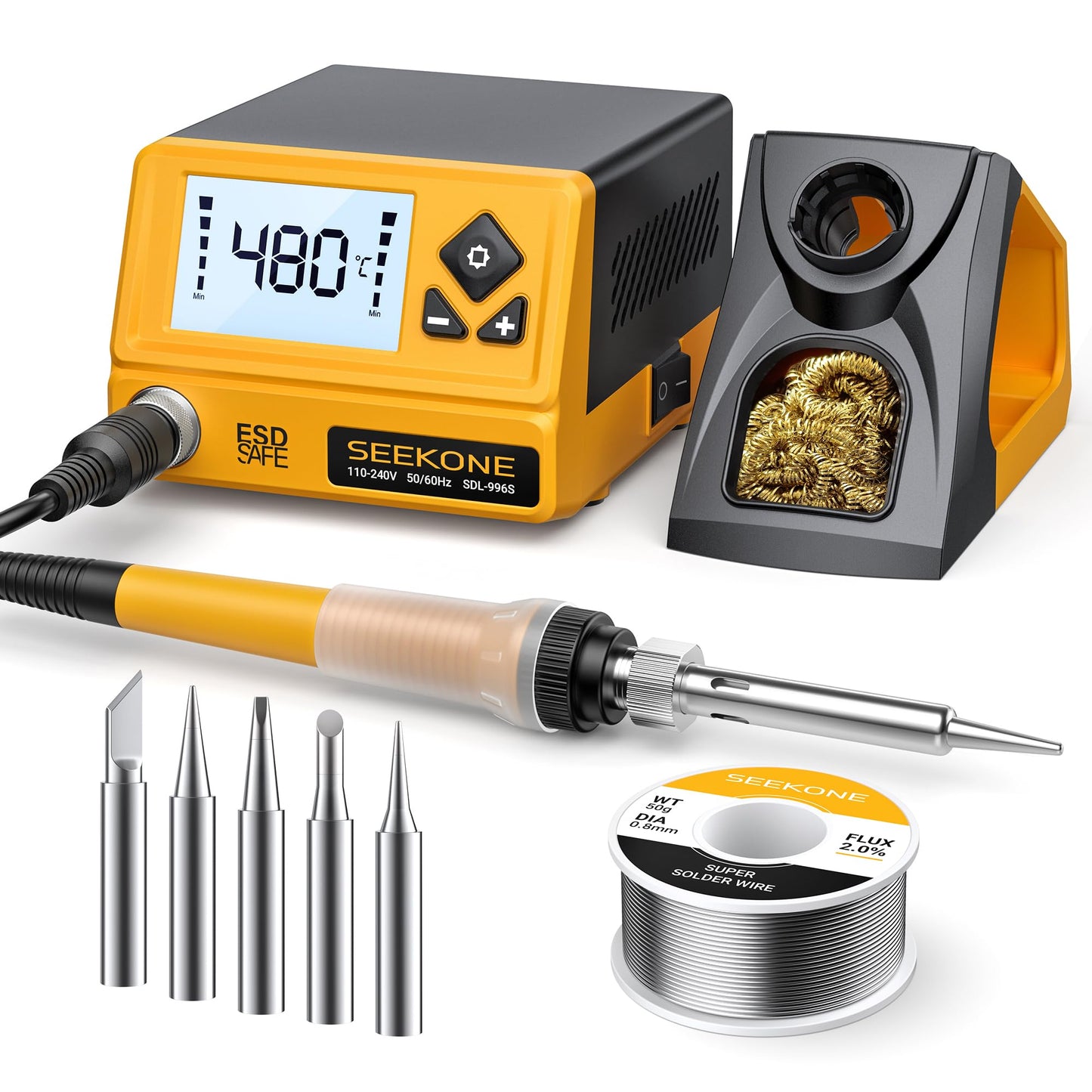 SEEKONE 60W Soldering Station 180℃ - 480℃（352°F - 896°F）Soldering Iron Station with 5 Extra Iron Tips, ESD Safe, 3 Preset Channels, °C/ºF Conversion, Auto Sleep, Calibration Support & Power-on Memory
